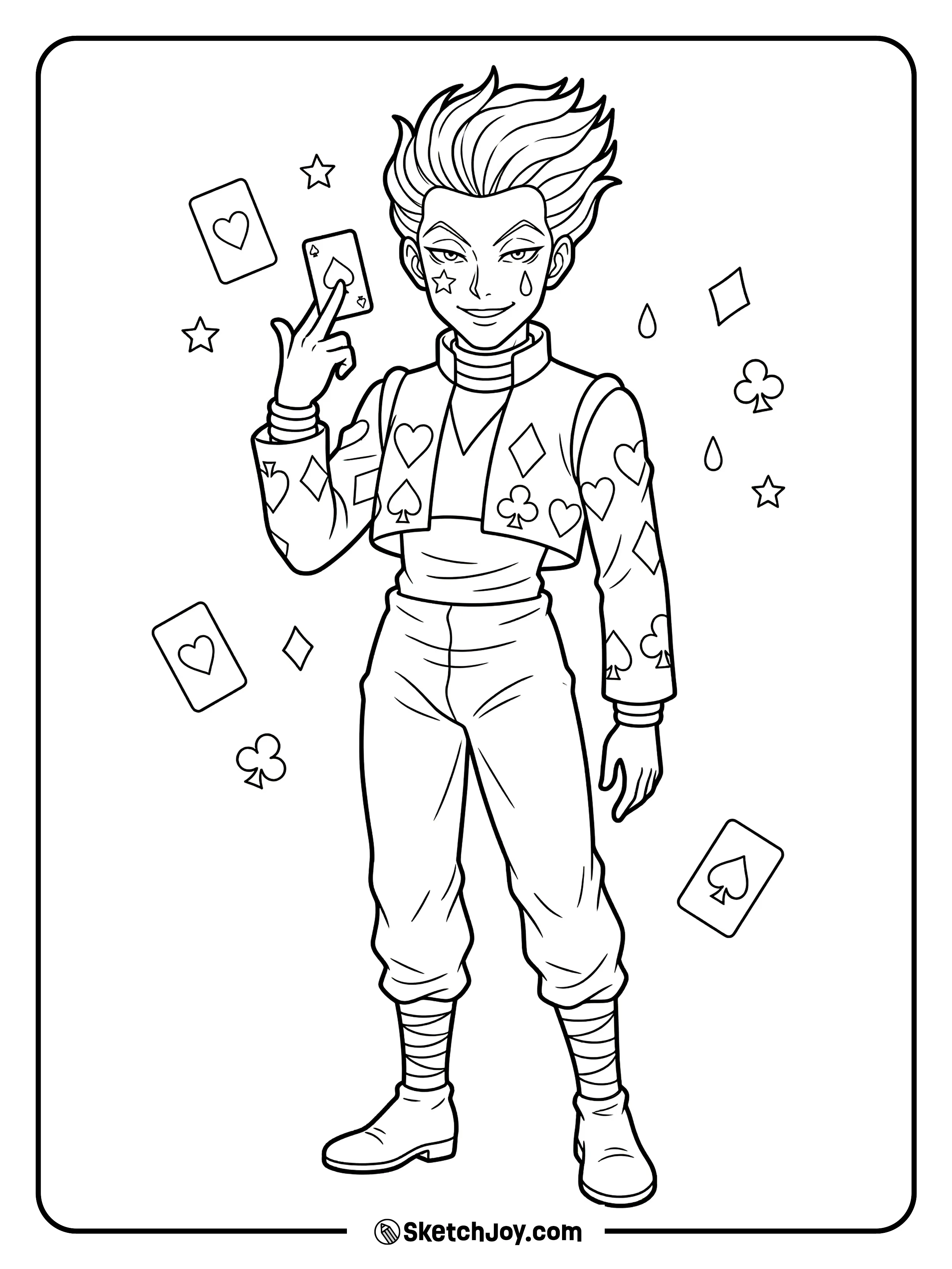 Hisoka lifts a card with a sly grin and a bold stage-like style.