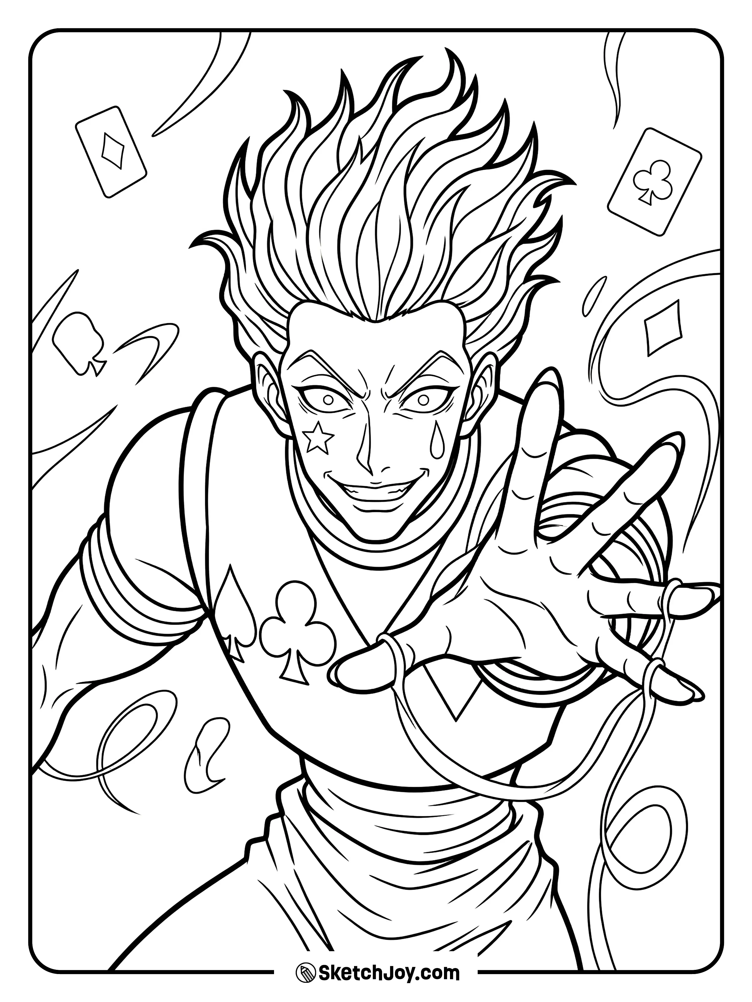 Hisoka leans in with a strange smile and a sharp, tense mood.