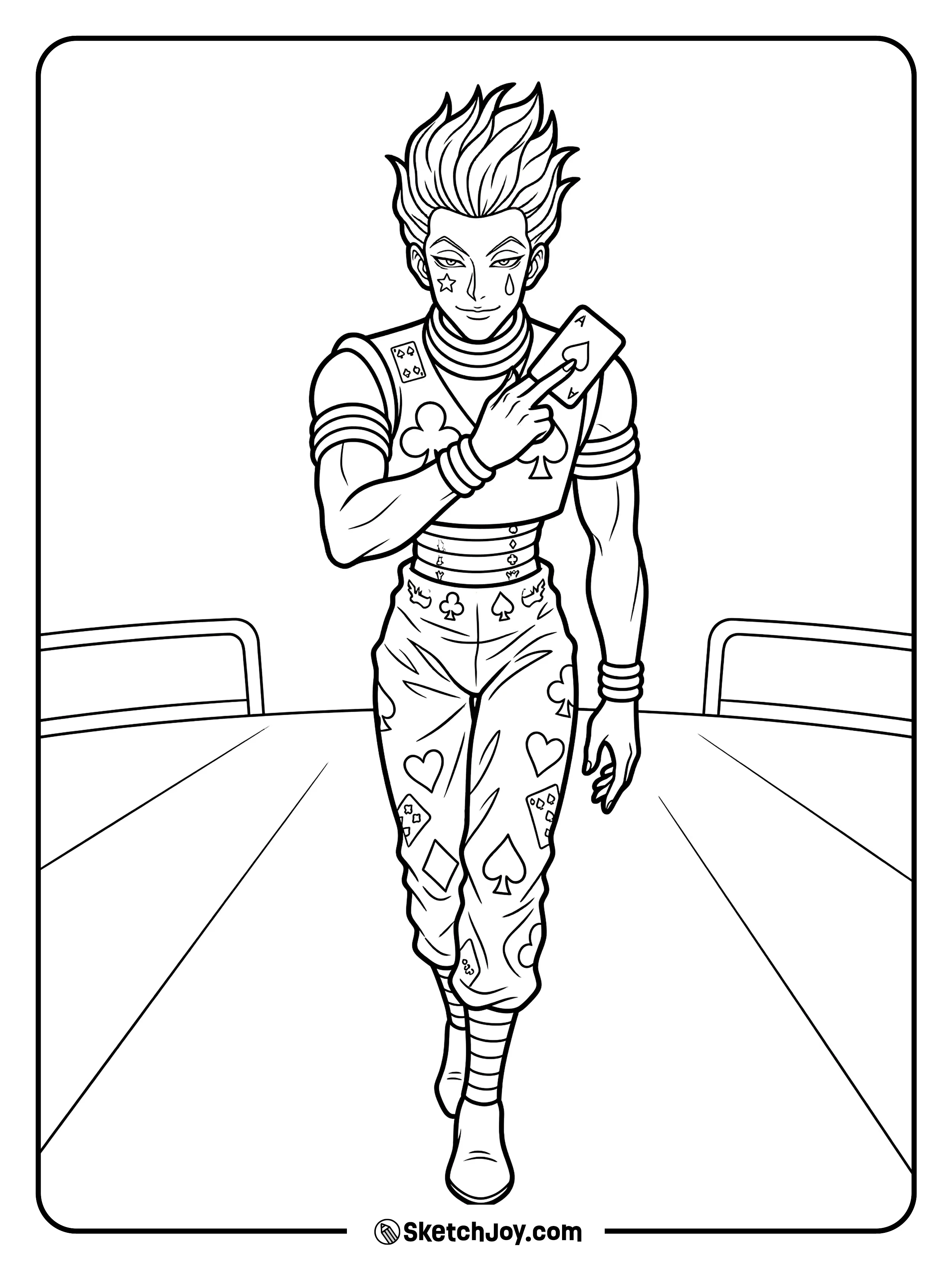 Hisoka walks with calm confidence and a playful but tense look.