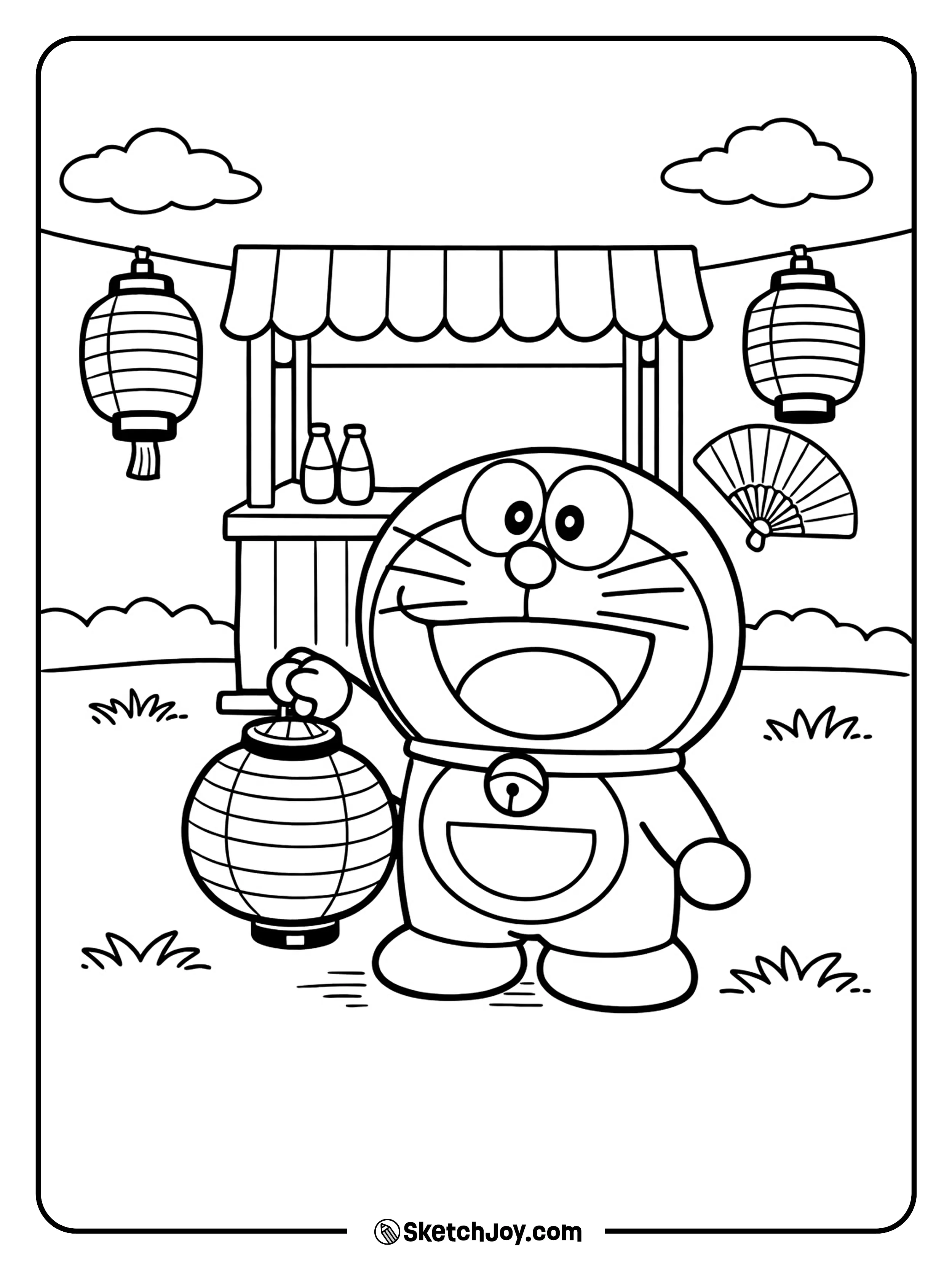 Doraemon enjoys a fun evening with a bright paper lantern.