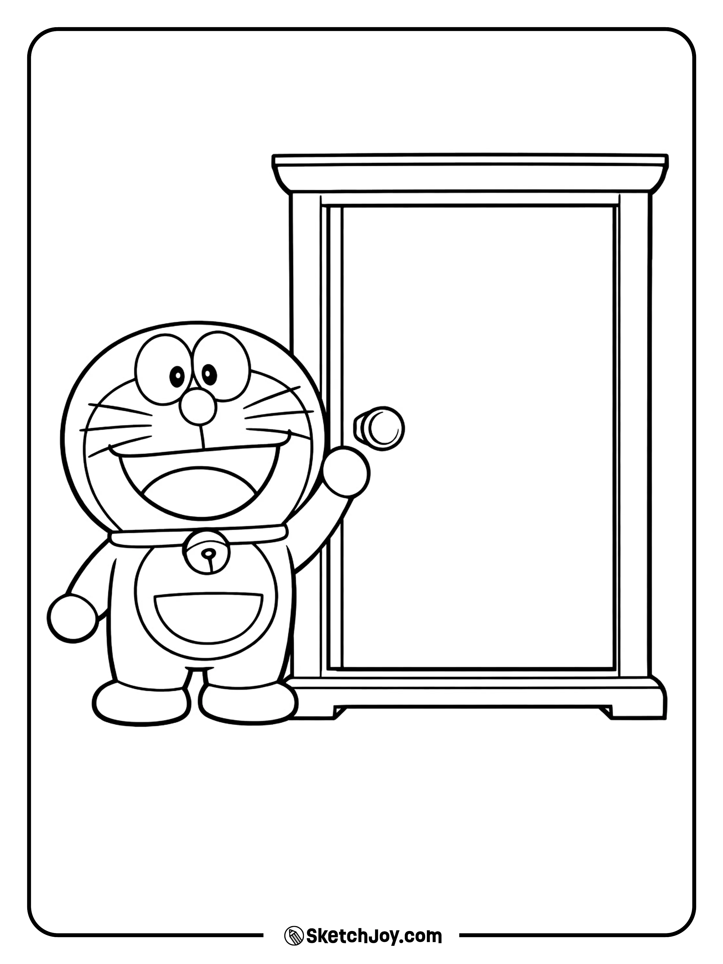 Doraemon smiles and holds his famous pink door, ready for a fun trip.