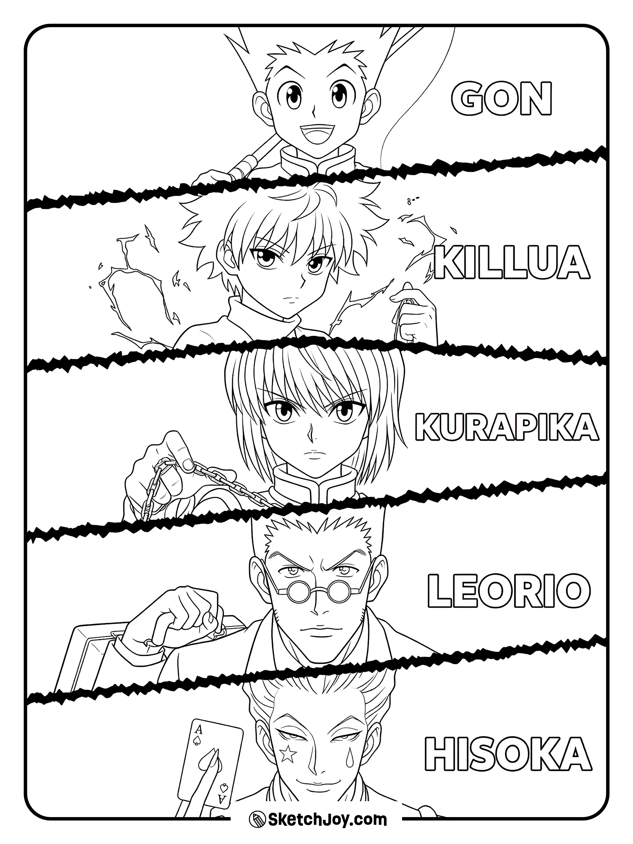 Gon, Killua, Kurapika, Leorio, and Hisoka in a cool lineup from Hunter x Hunter.