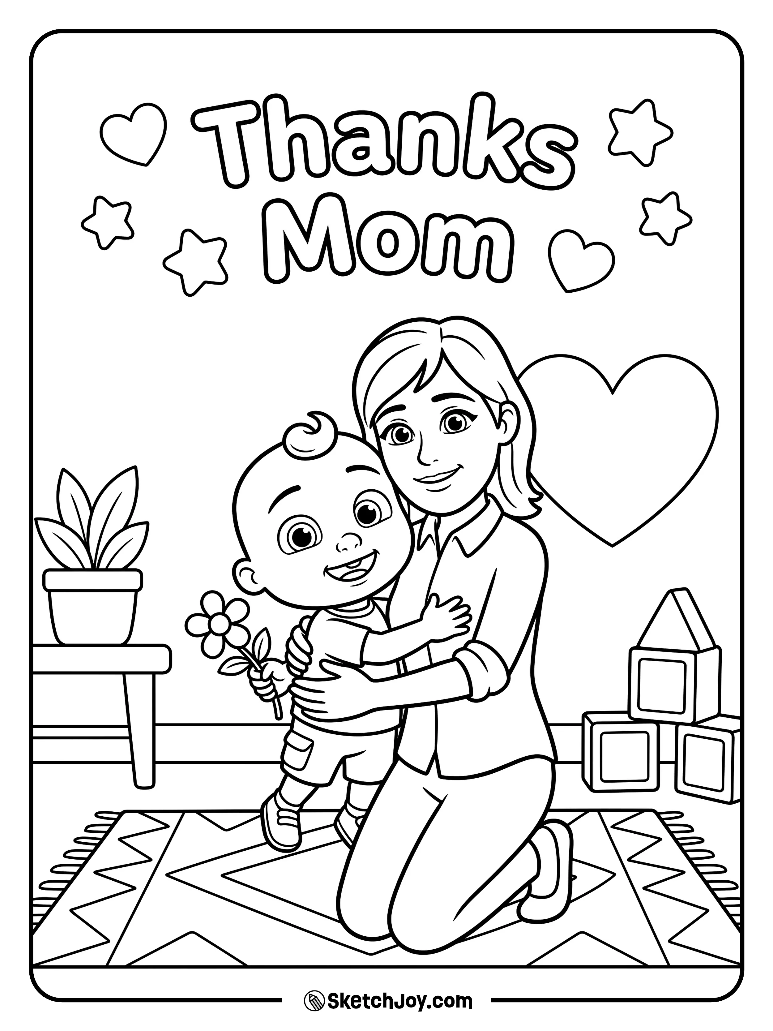 JJ from CoComelon holds flowers and gives Mom a hug.