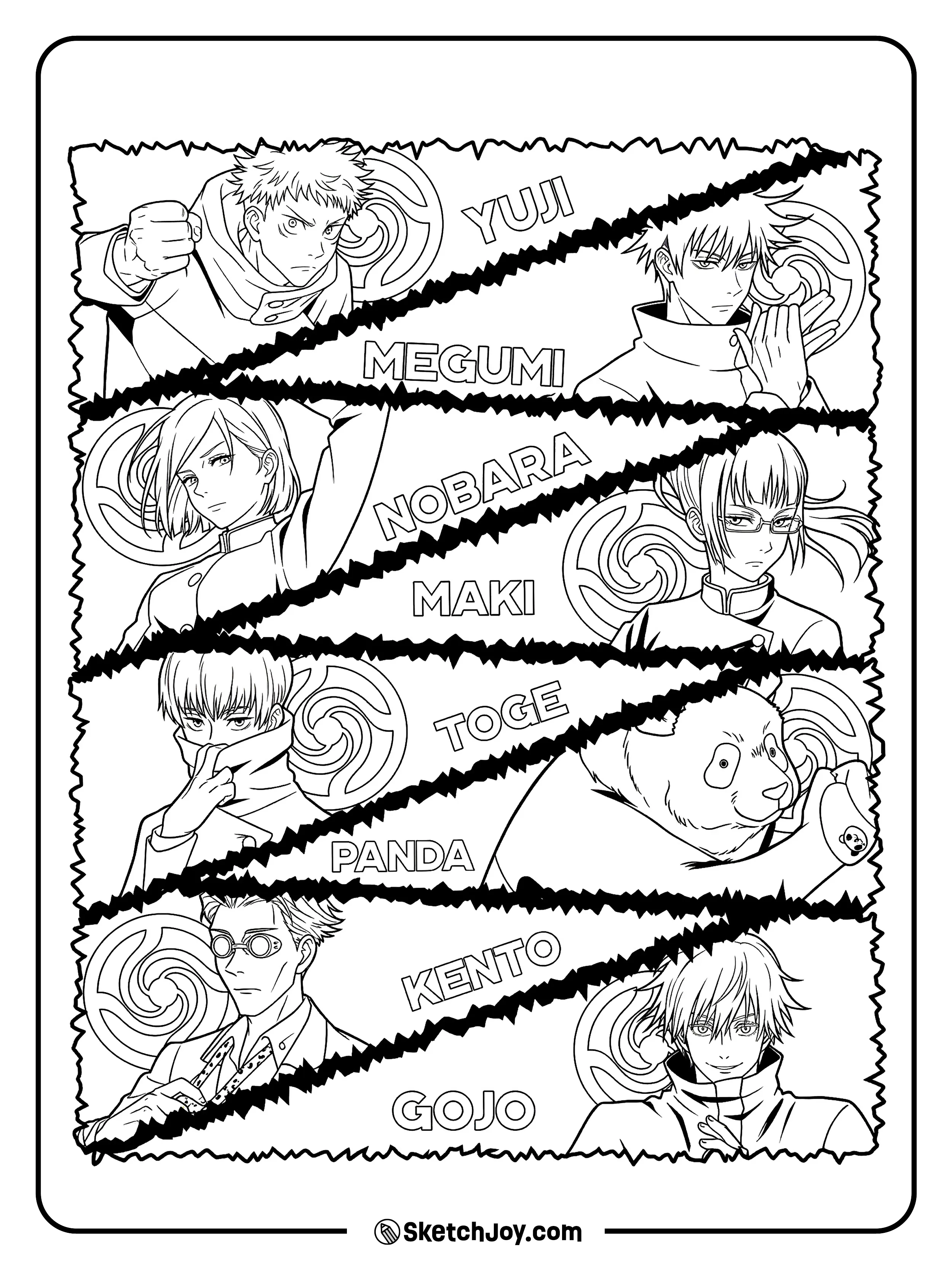 Yuji, Megumi, Nobara, Maki, Toge, Panda, Kento, and Gojo appear together in a bold name collage.