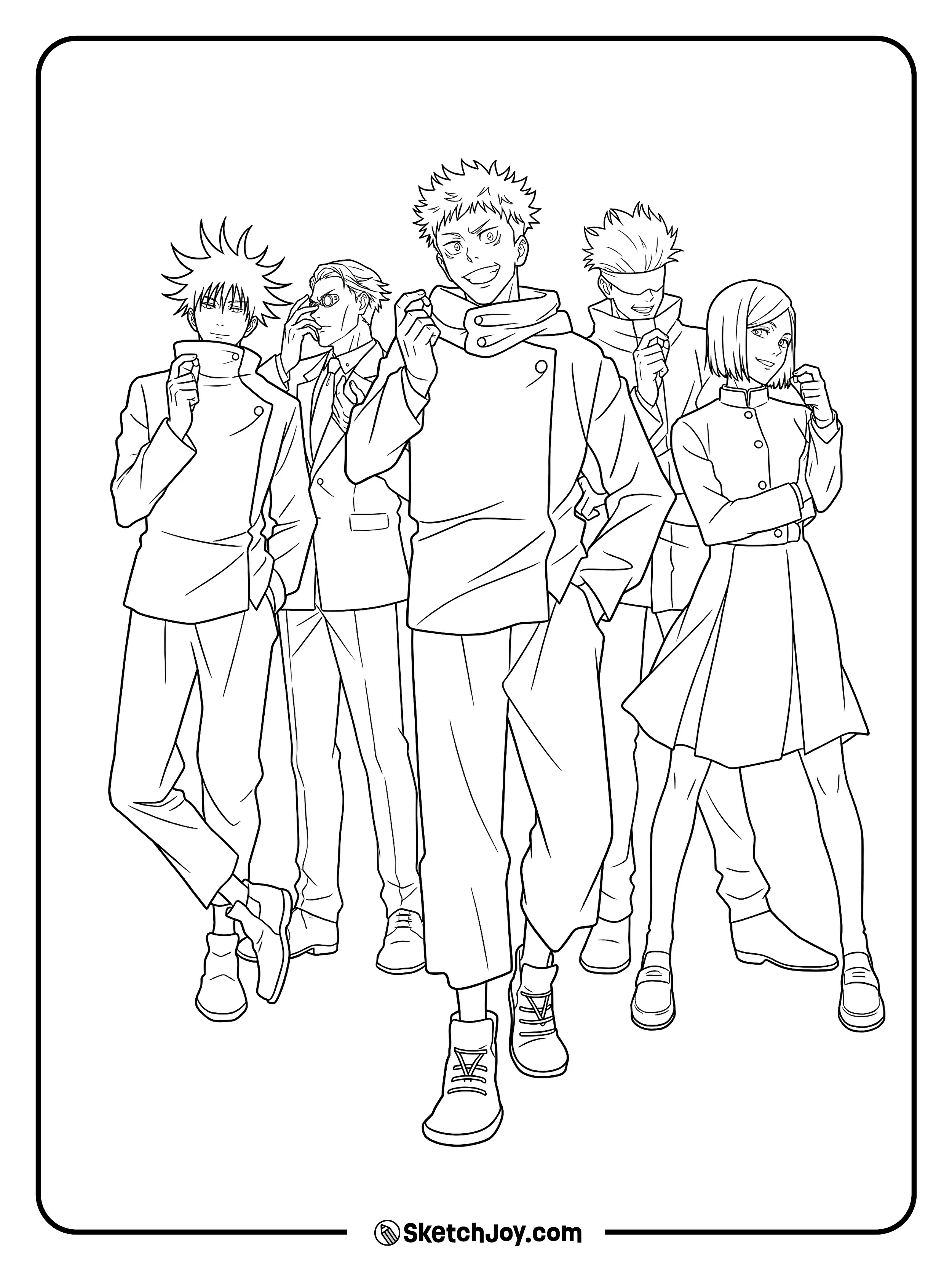 Megumi, Nanami, Yuji, Gojo, and Nobara stand together in a cool group pose.