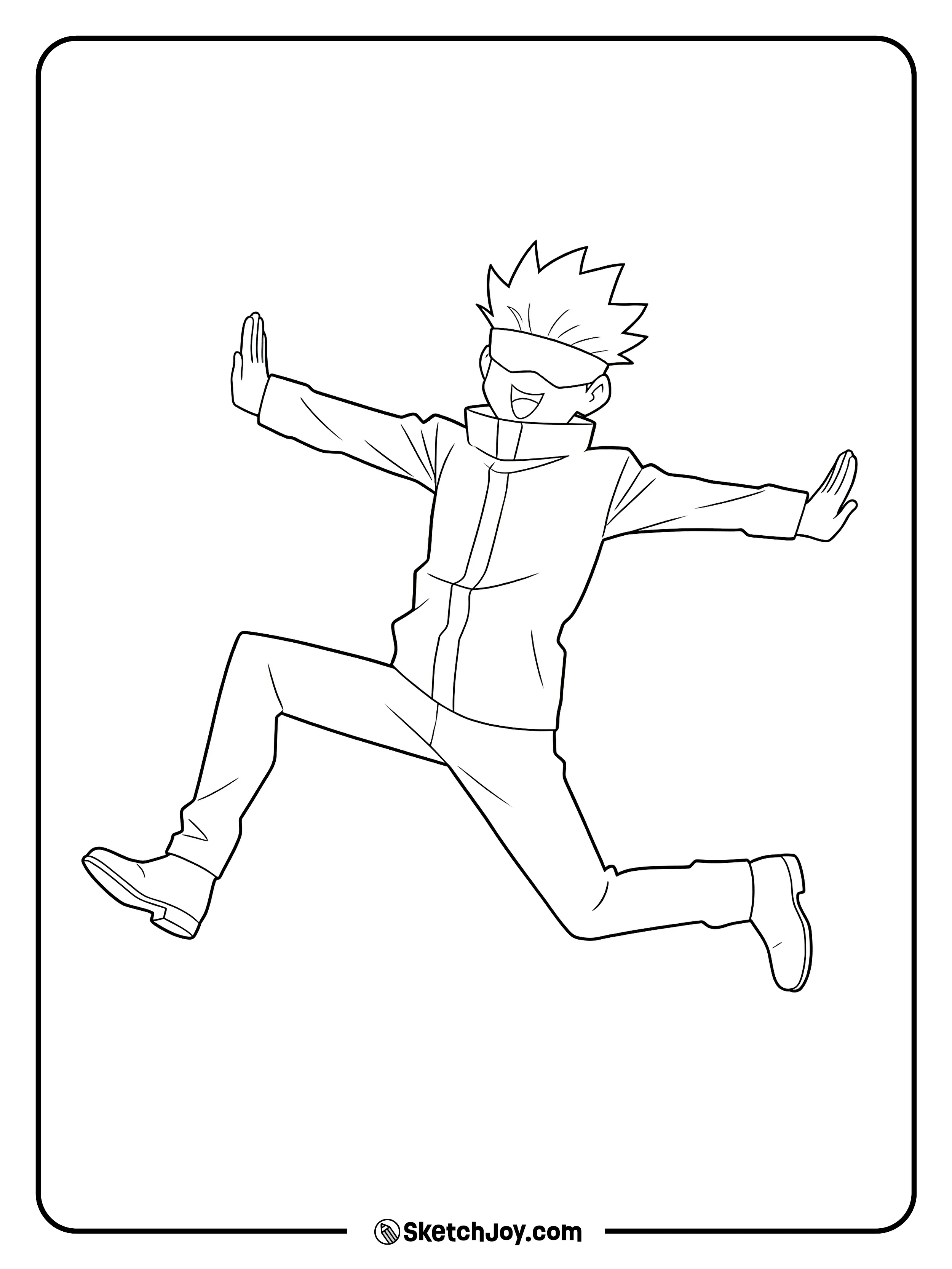 Gojo leaps through the air with a big smile and wide open arms.