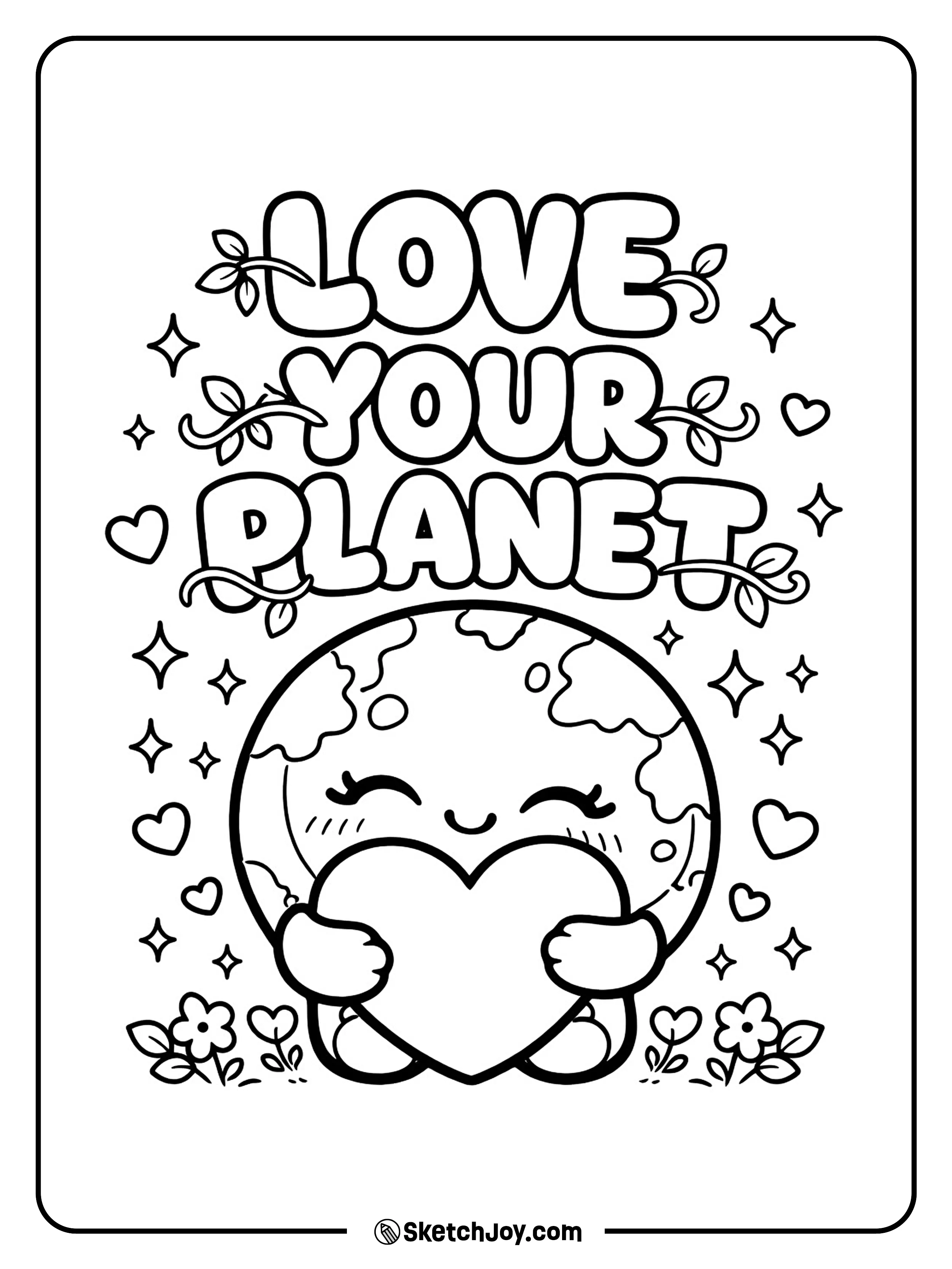 A cute Earth hugs a big heart with a sweet and happy look.