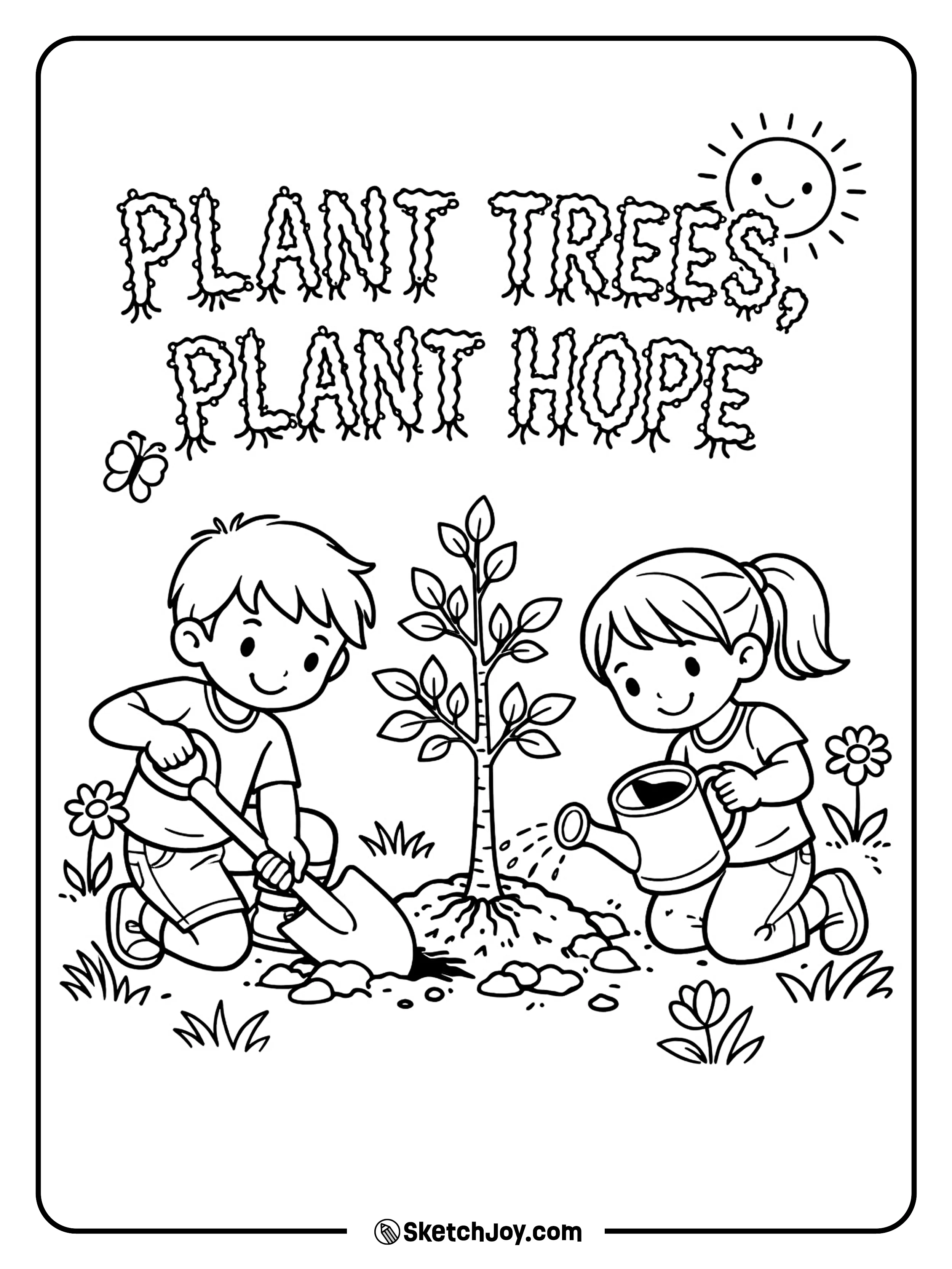 Two kids plant a small tree and smile as they care for the Earth.