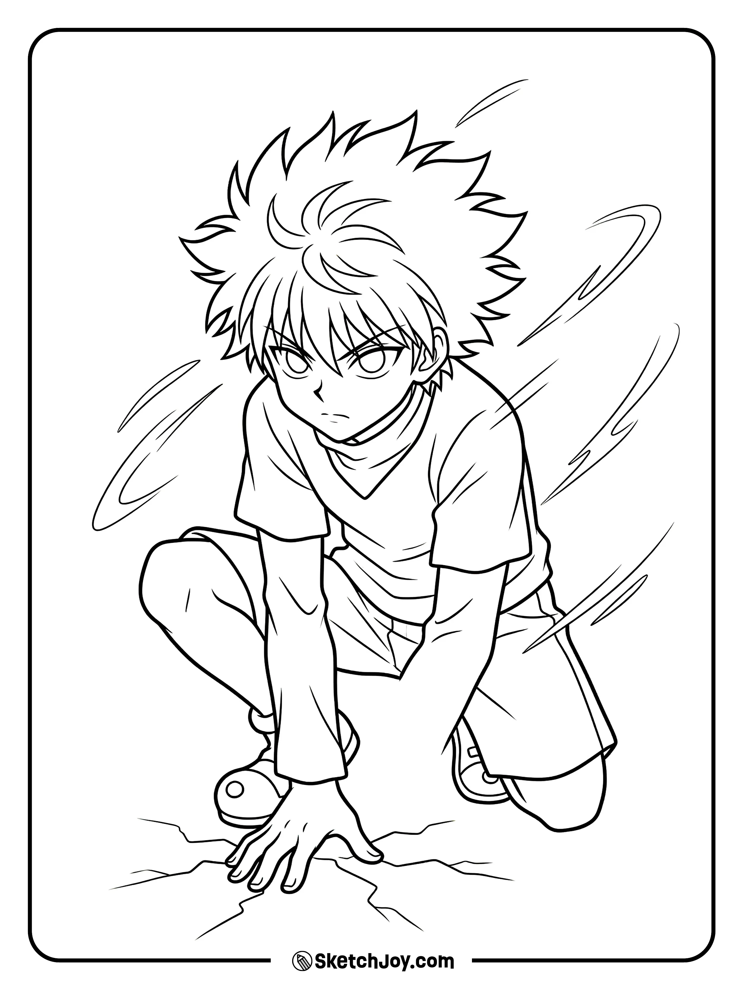 Killua drops low and looks ready to move in a flash.