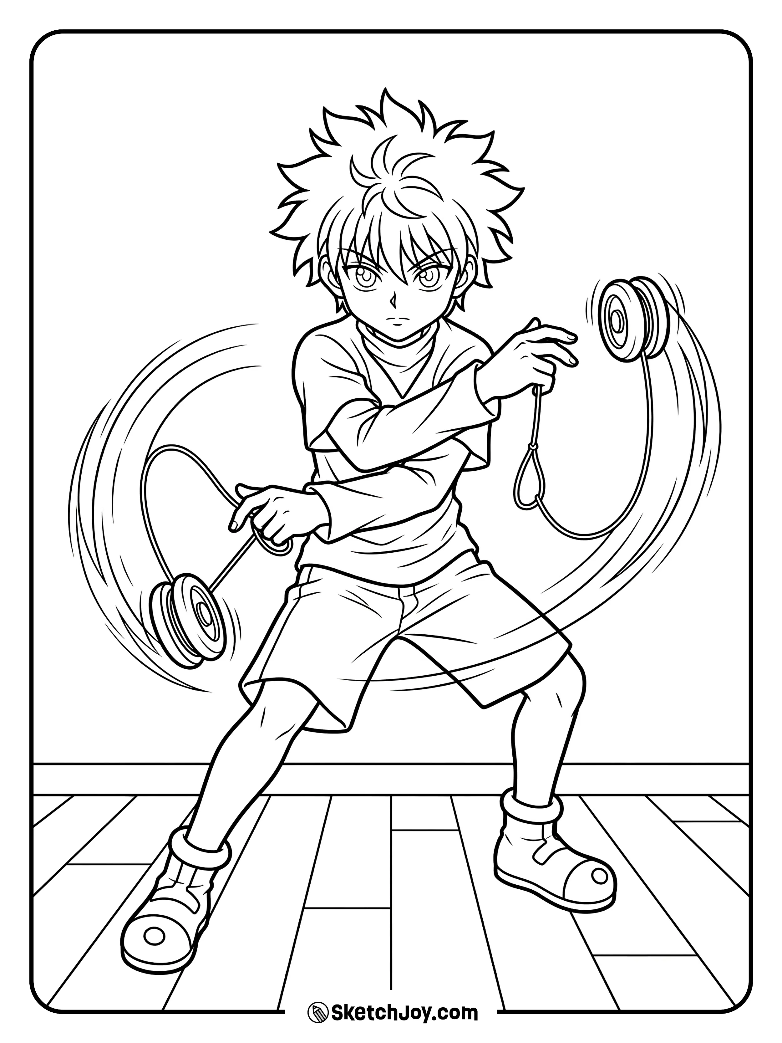 Killua swings his yo-yos with fast and sharp control.