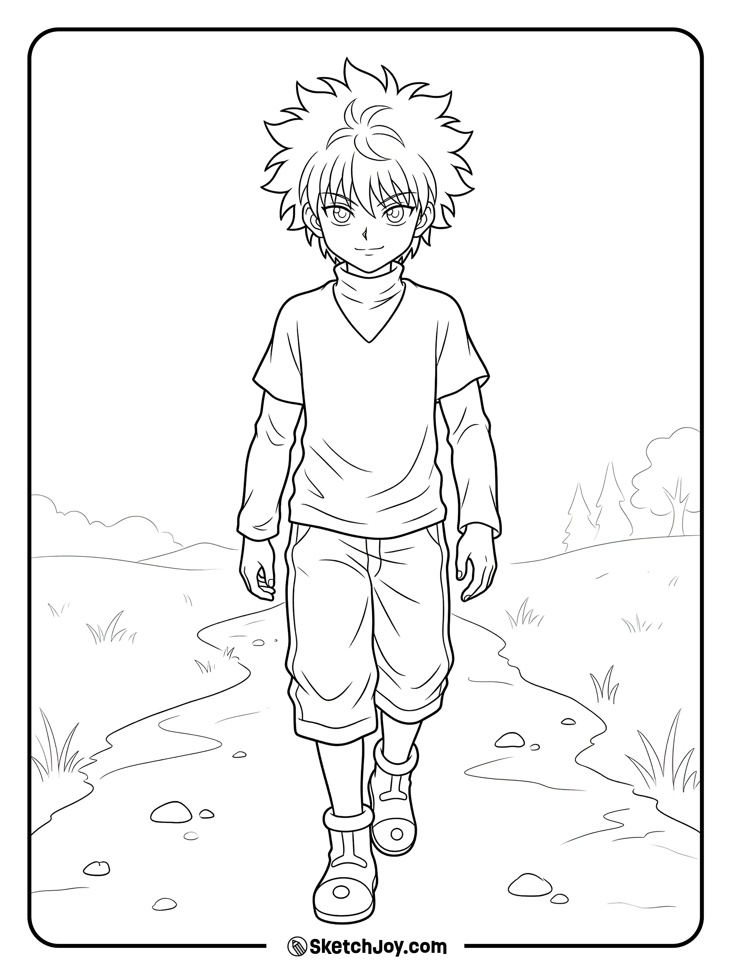 Killua walks forward with a cool face and light confidence.