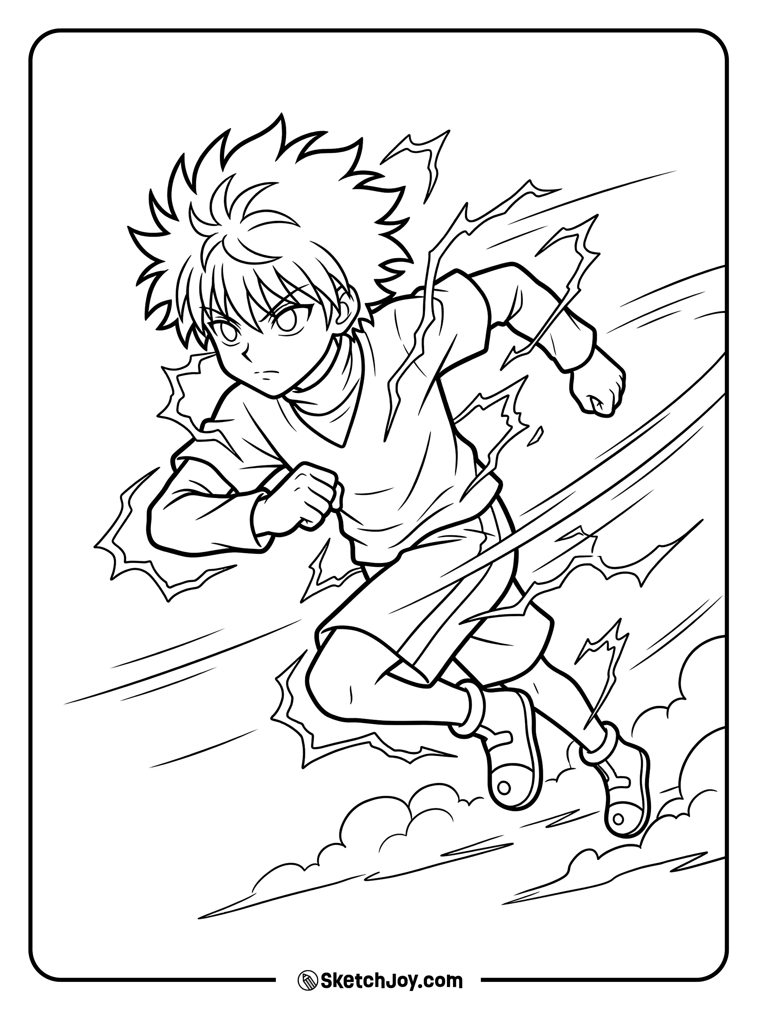 Killua charges forward with fierce speed and electric power.