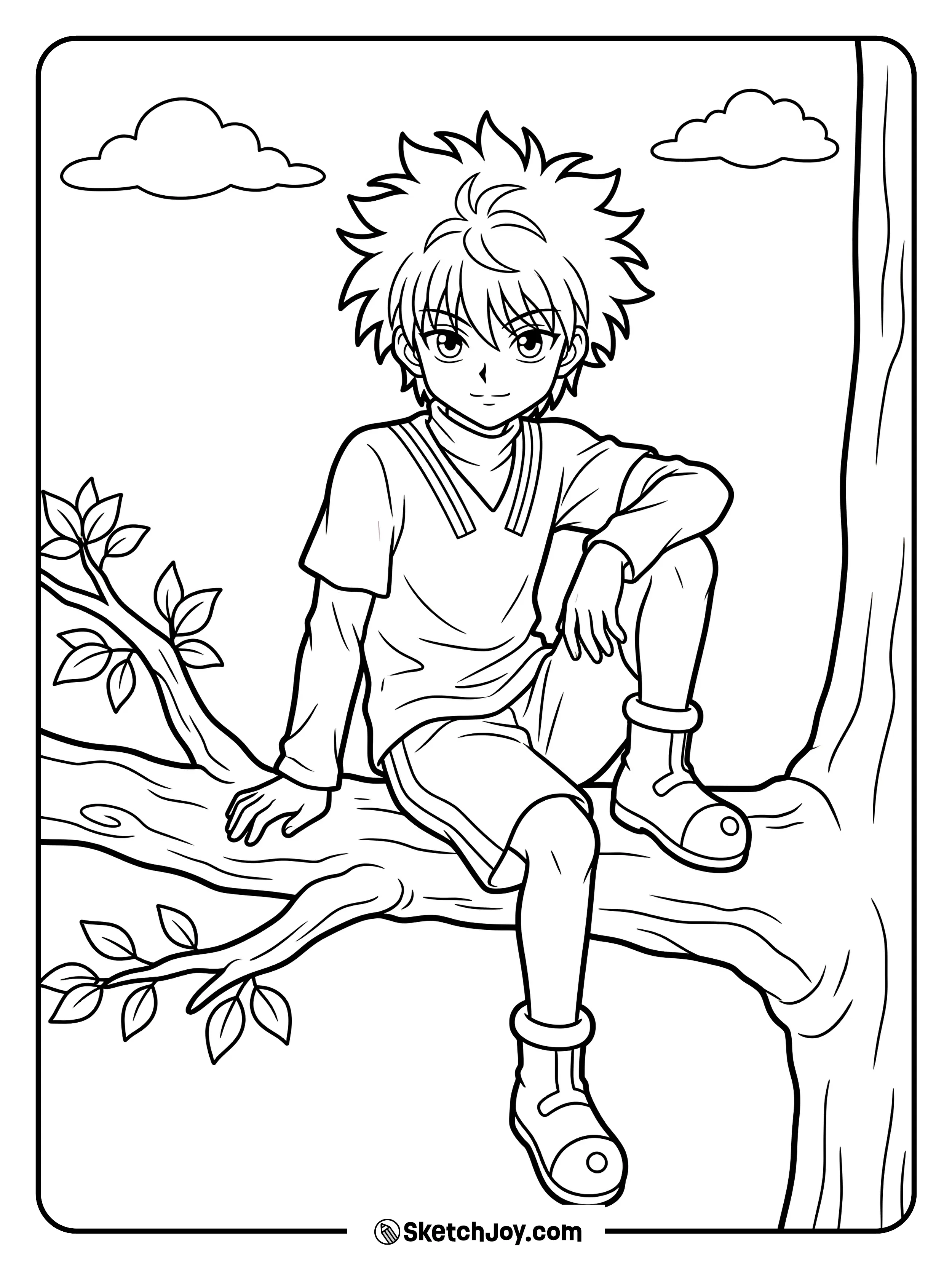 Killua sits high on a branch and watches the world below with ease.