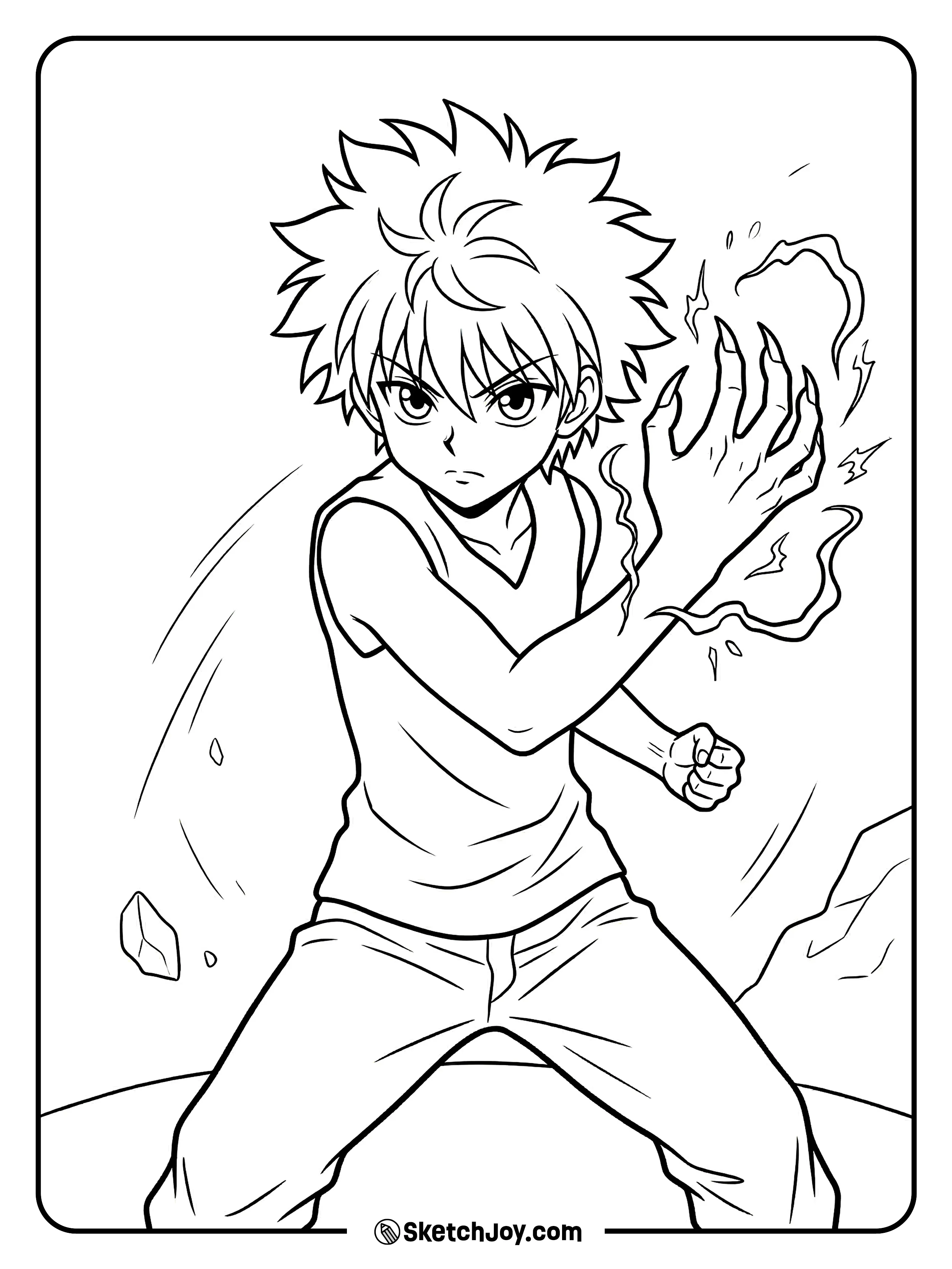 Killua shows his claw-like attack with a fierce and focused look.