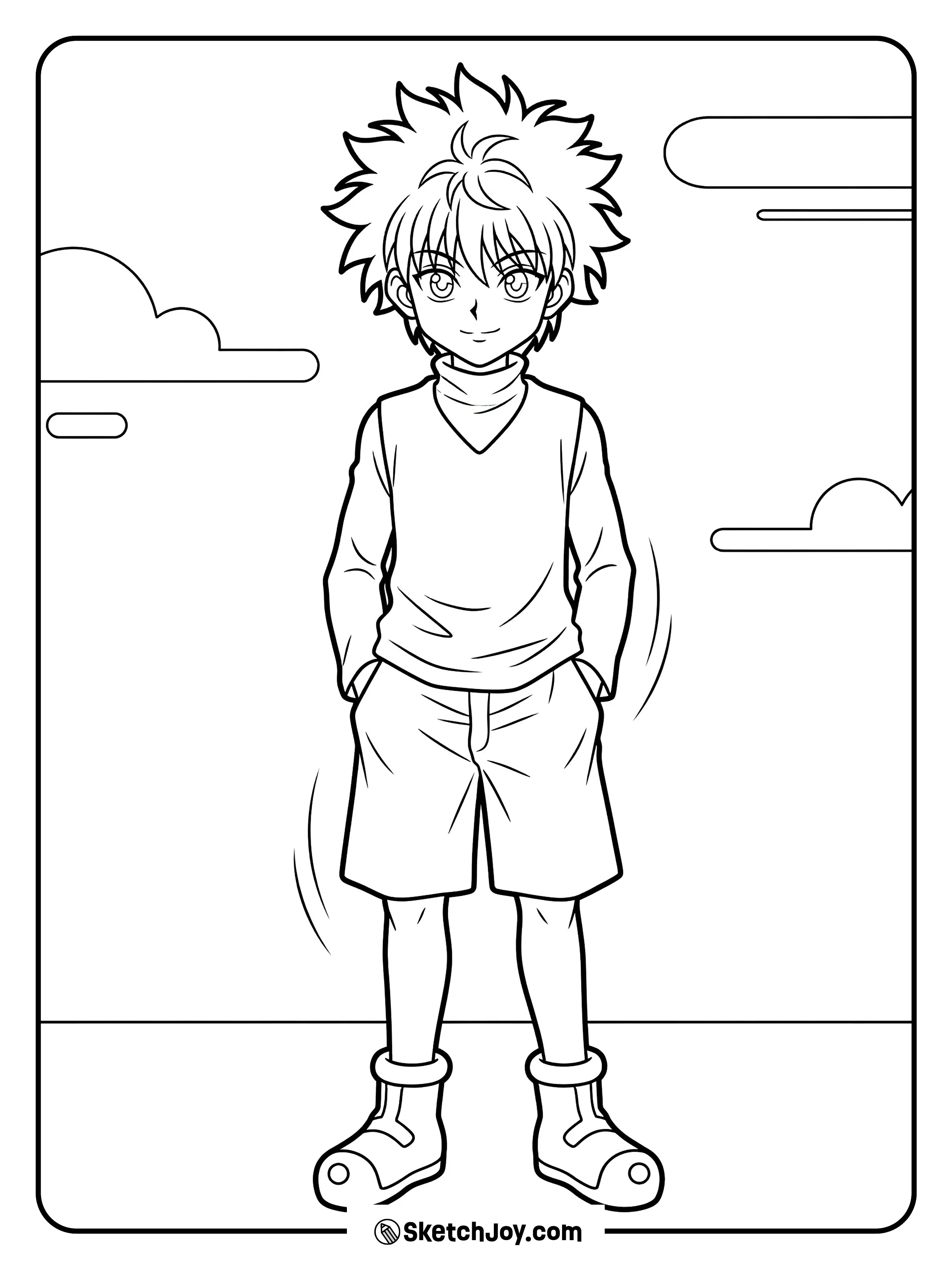 Killua stands with an easy smile and his cool, relaxed style.