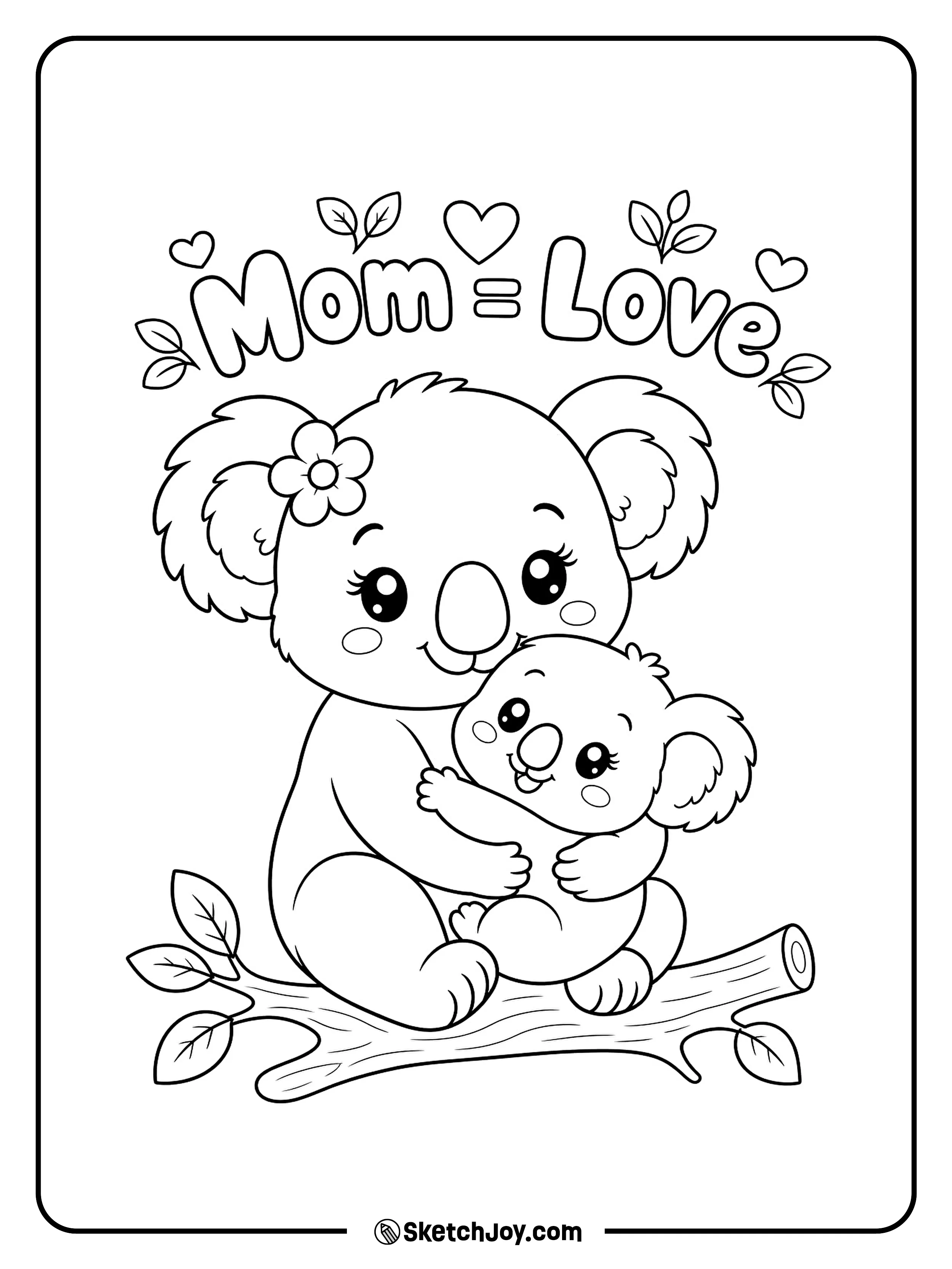 A koala mom hugs her baby close with love.