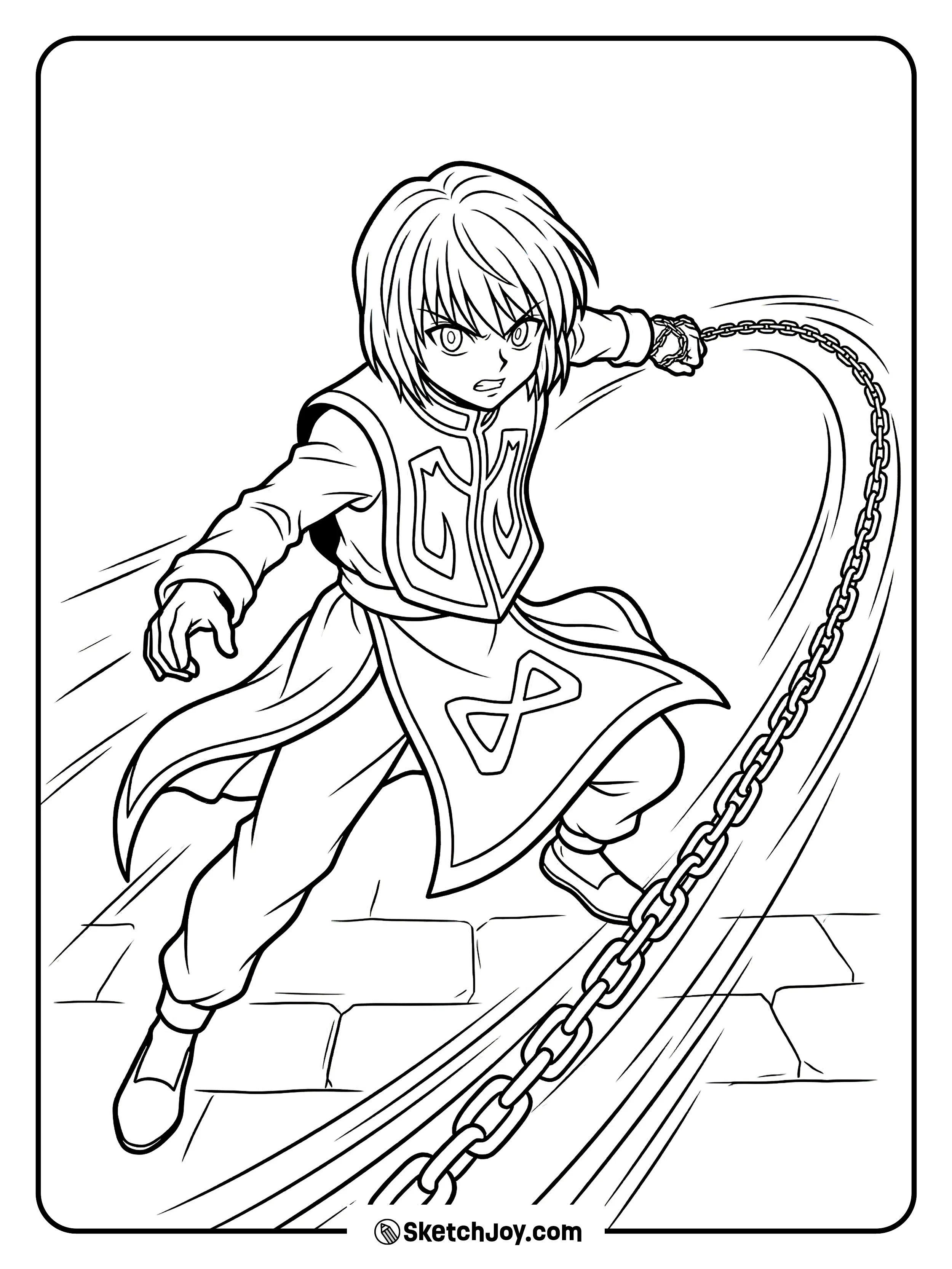 Kurapika throws a chain attack with fast movement and strong focus.