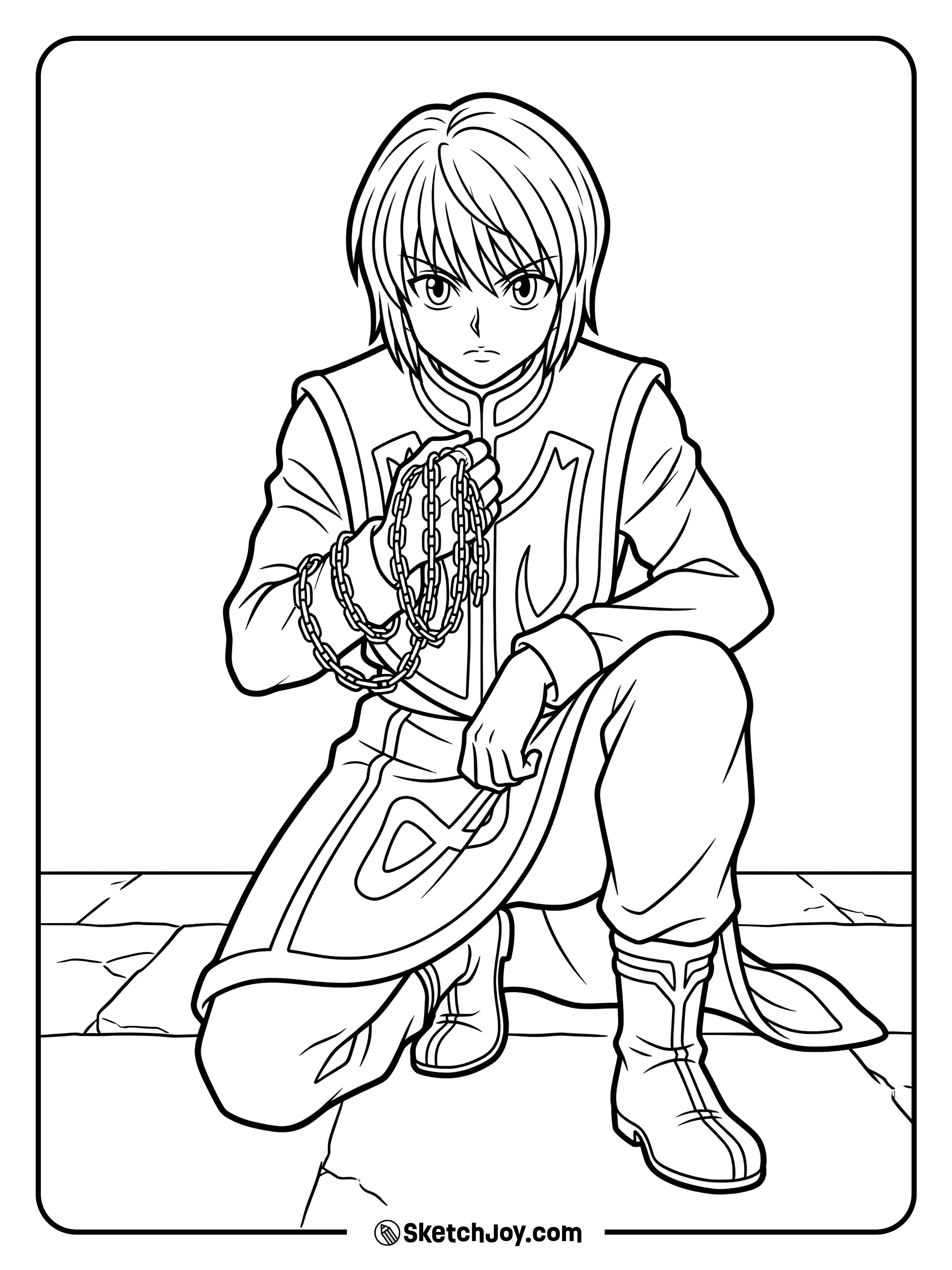Kurapika kneels with quiet strength and keeps his chains close.