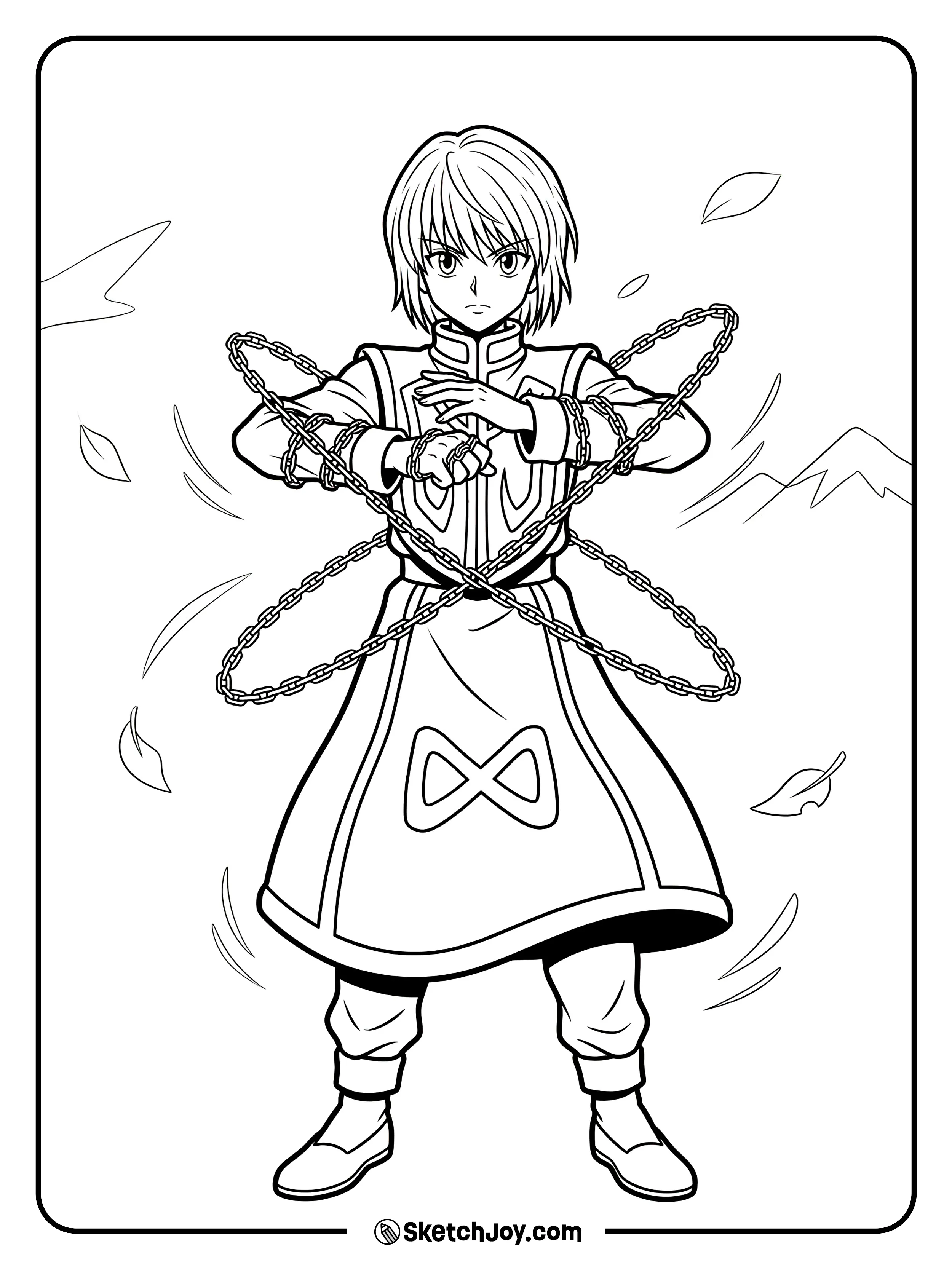 Kurapika stands firm with crossed chains and a brave stare.
