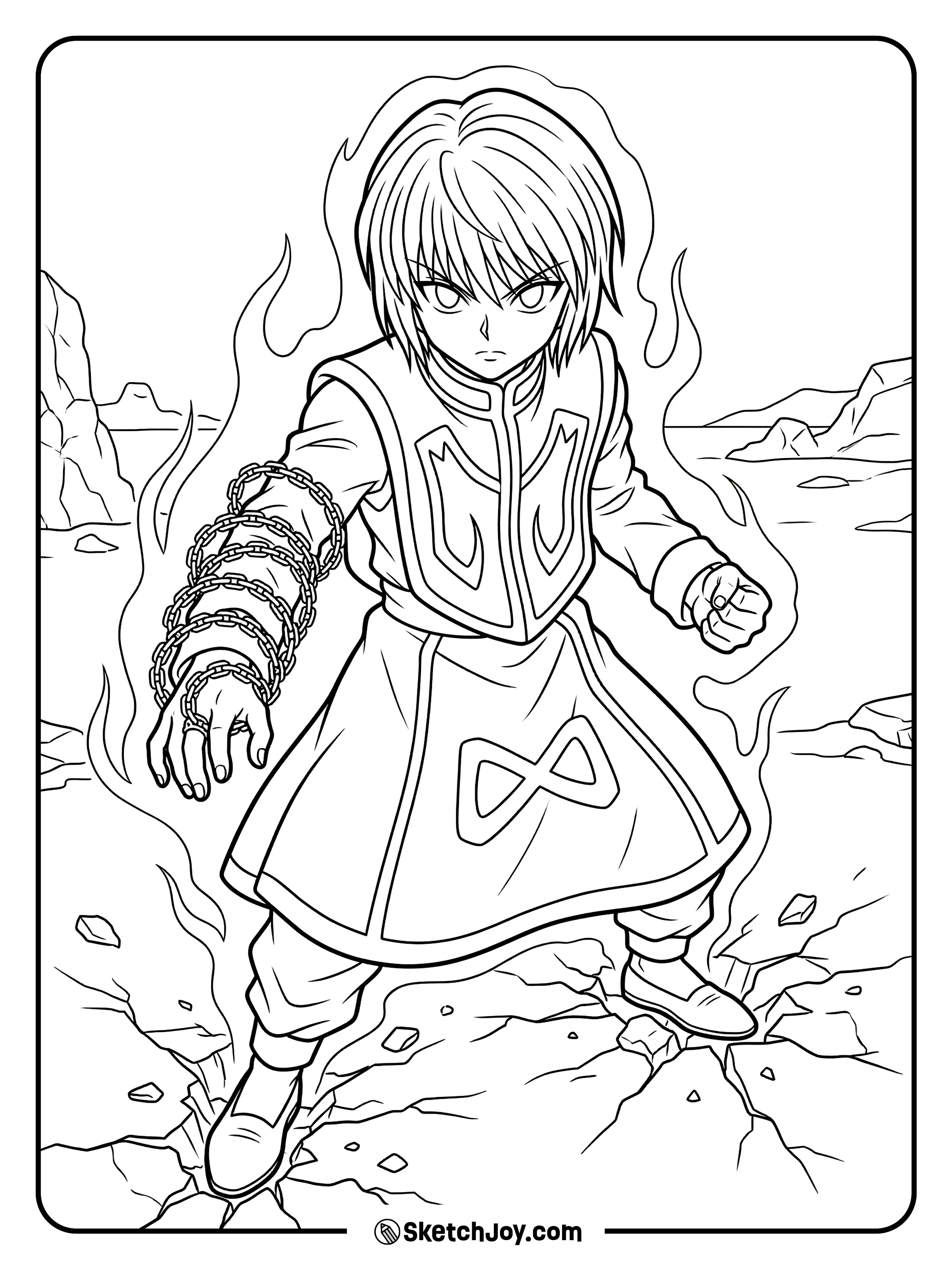 Kurapika looks intense as his power rises and the chains move around him.