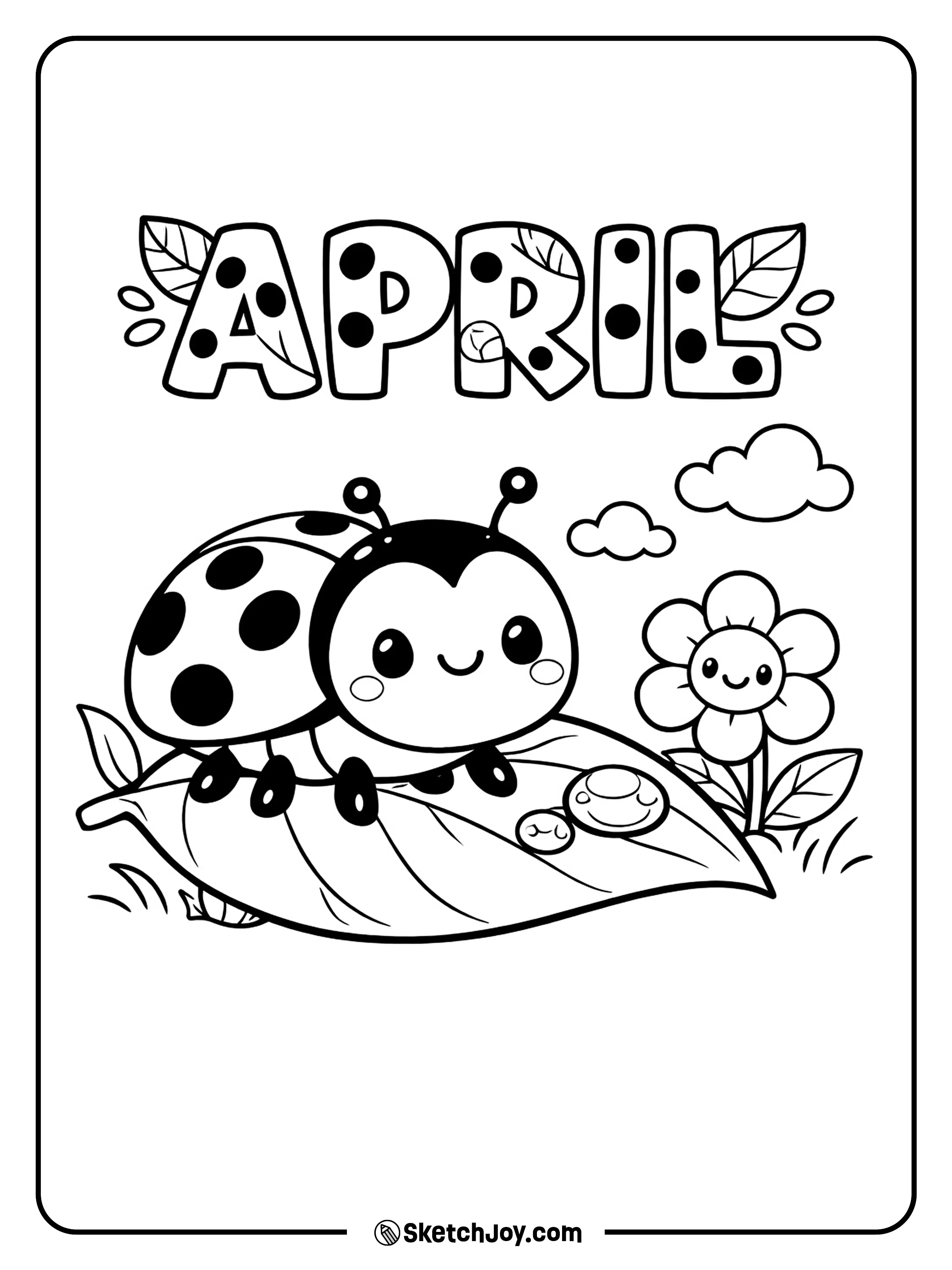 A ladybug rests on a leaf beside the word APRIL.