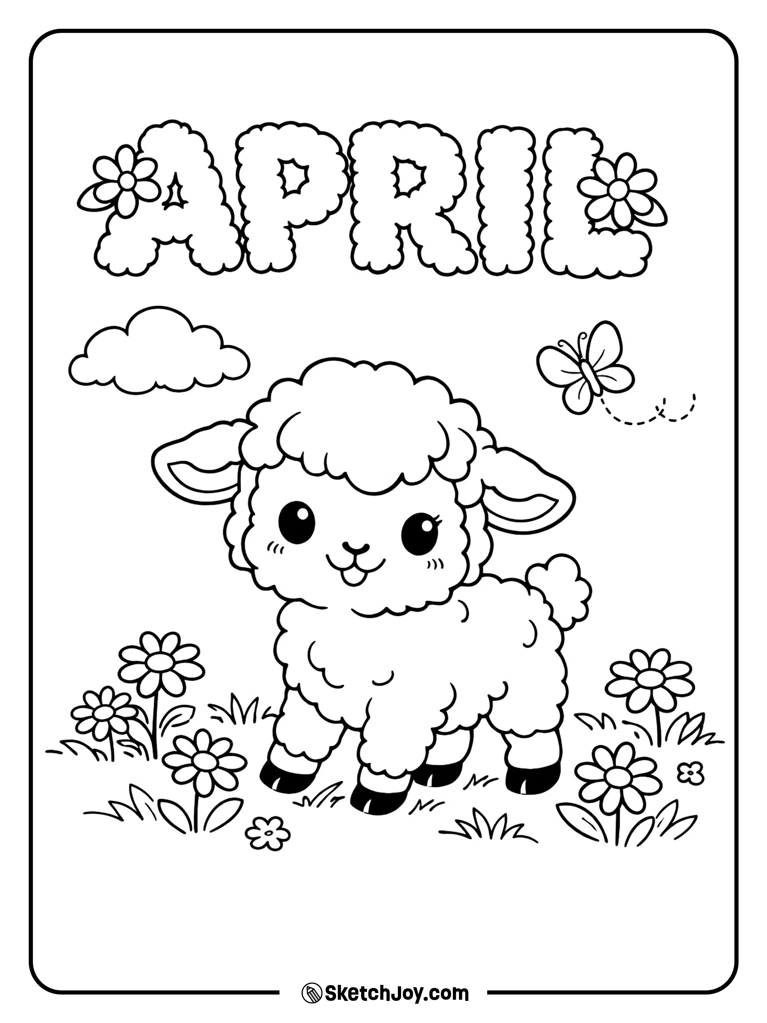 A fluffy lamb stands in a meadow with spring flowers.