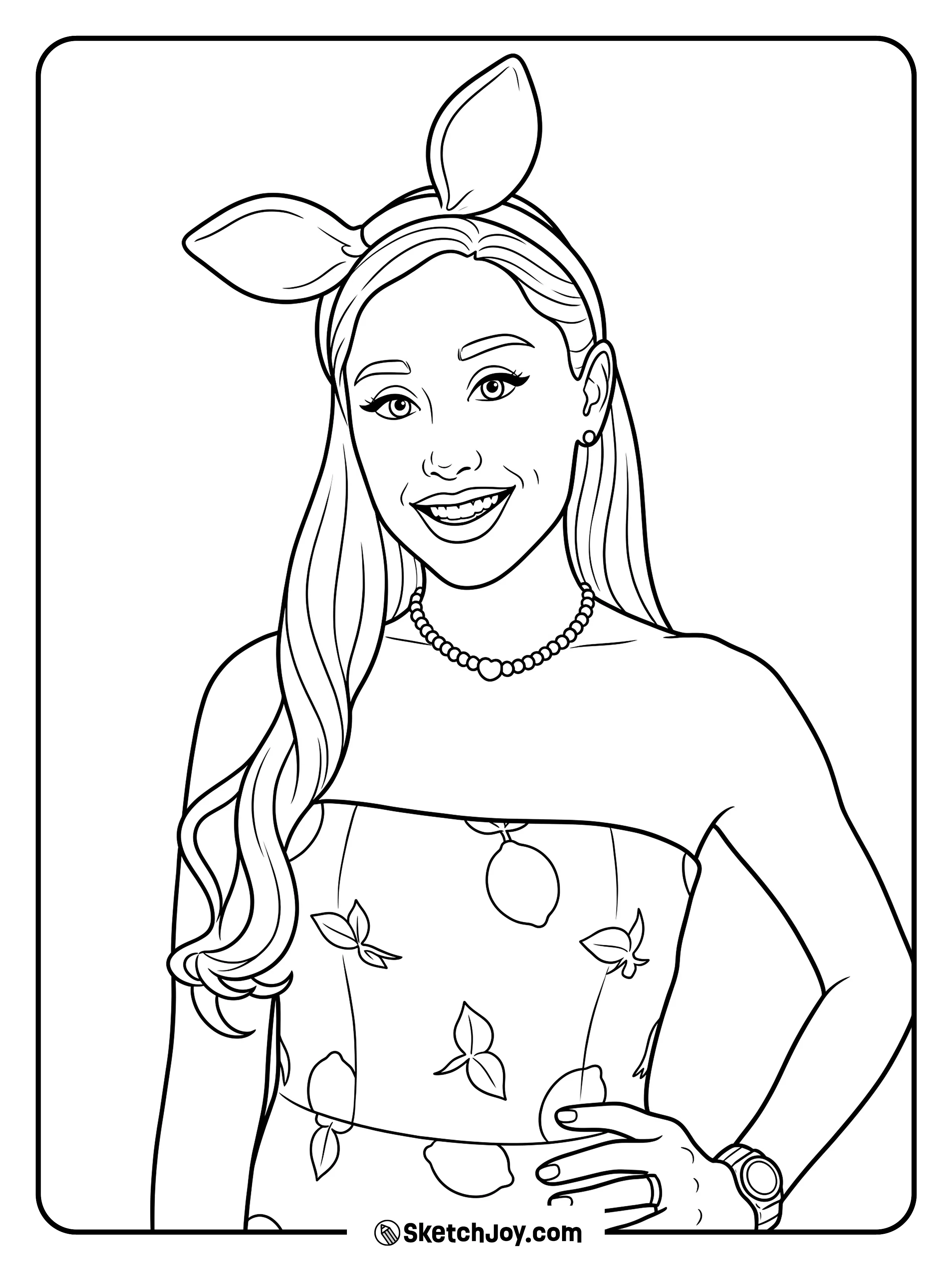 A happy full-body portrait with a bow headband and a cute lemon dress.