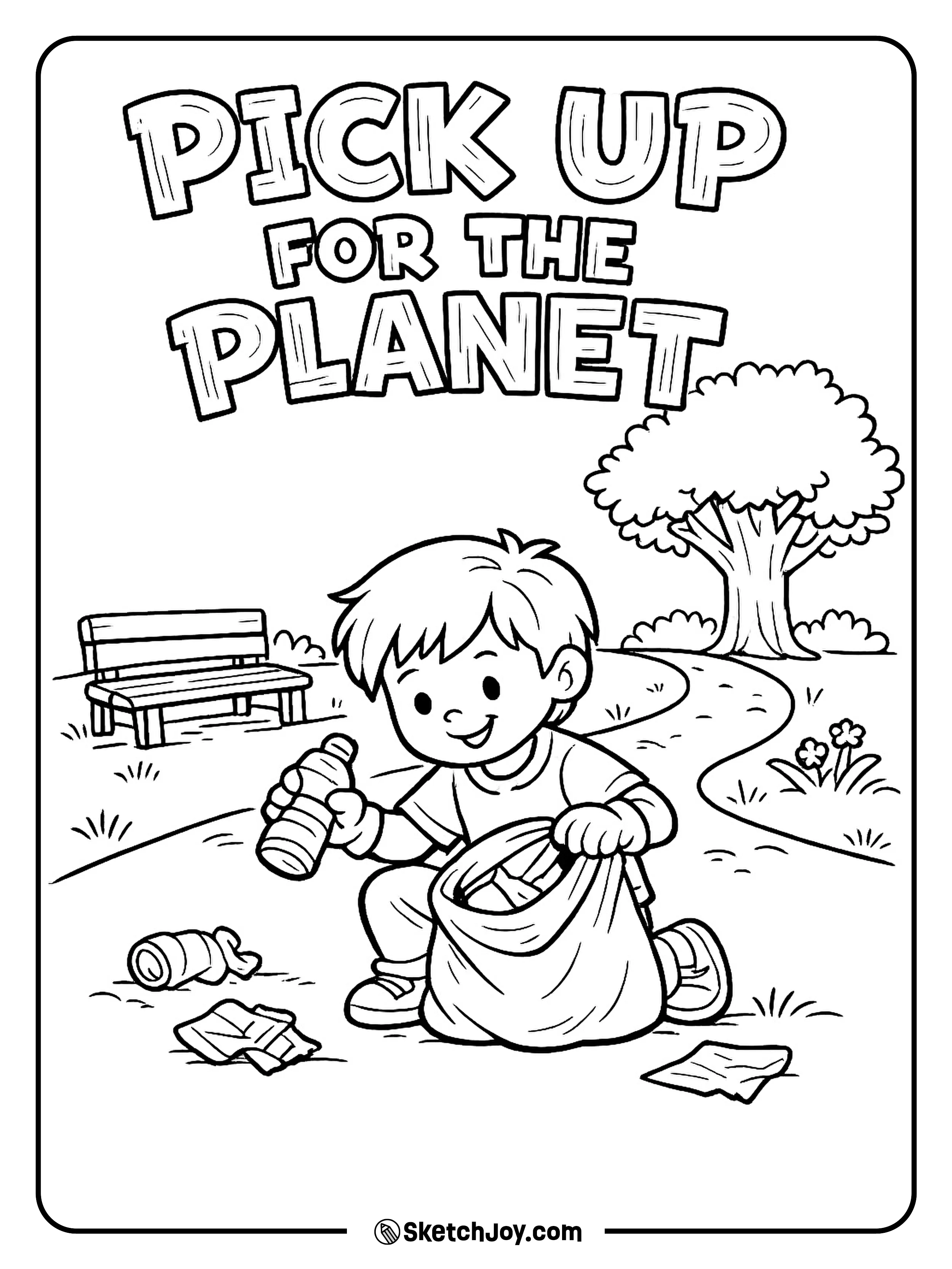 A child picks up trash in a park to keep it clean.