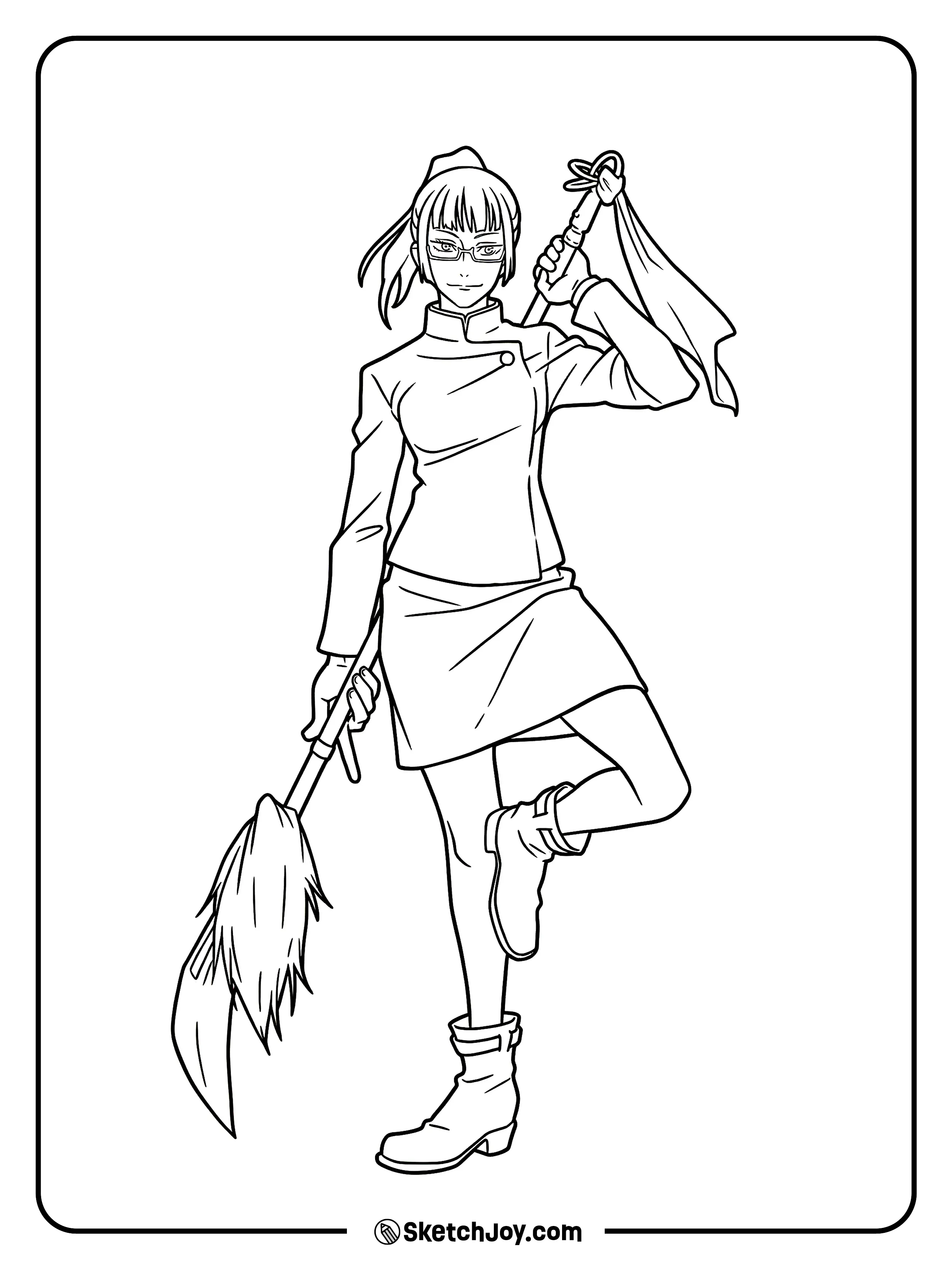 Maki stands with a confident smile while holding her long weapon.