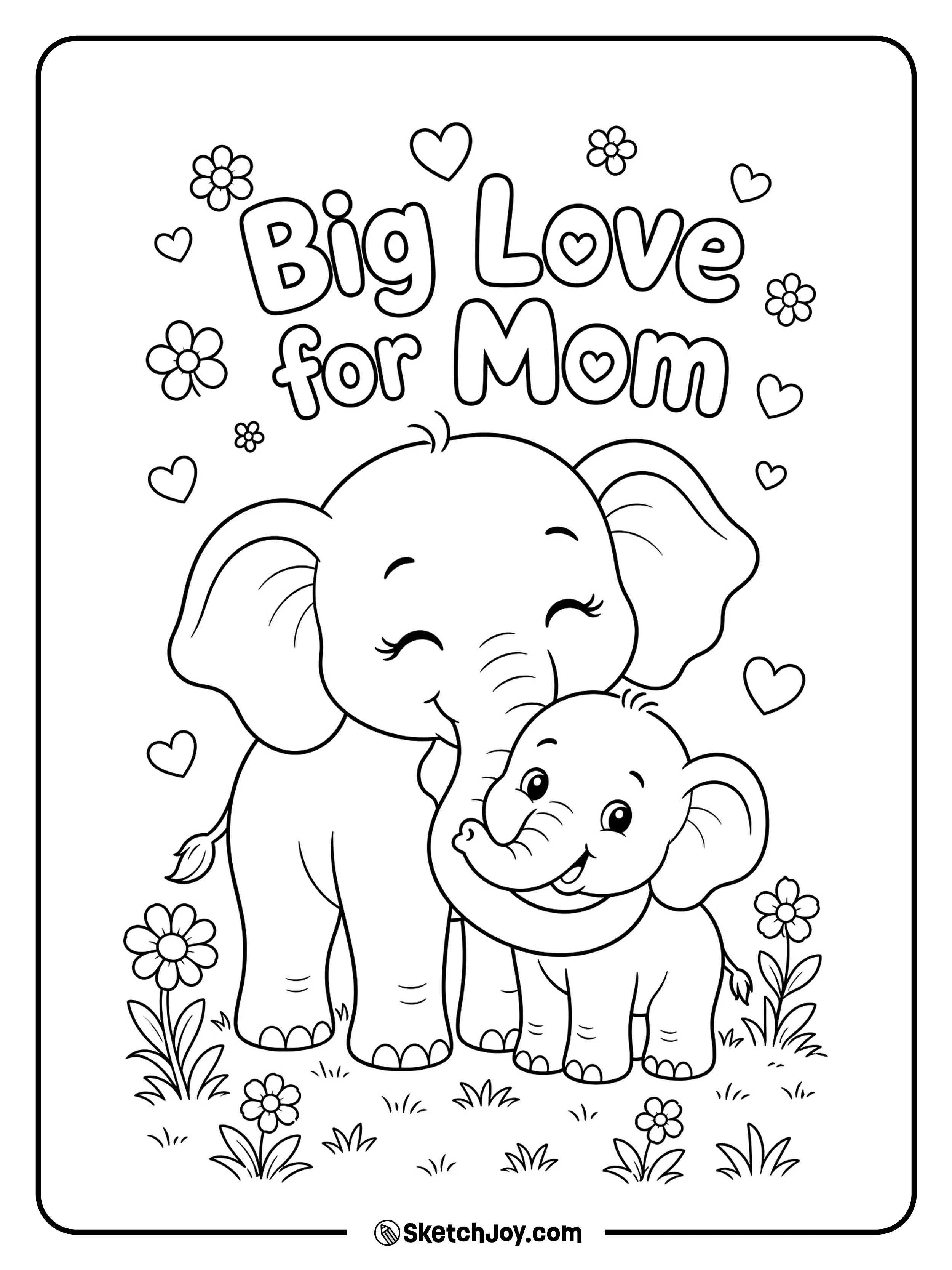 A mama elephant and her baby share a loving hug.