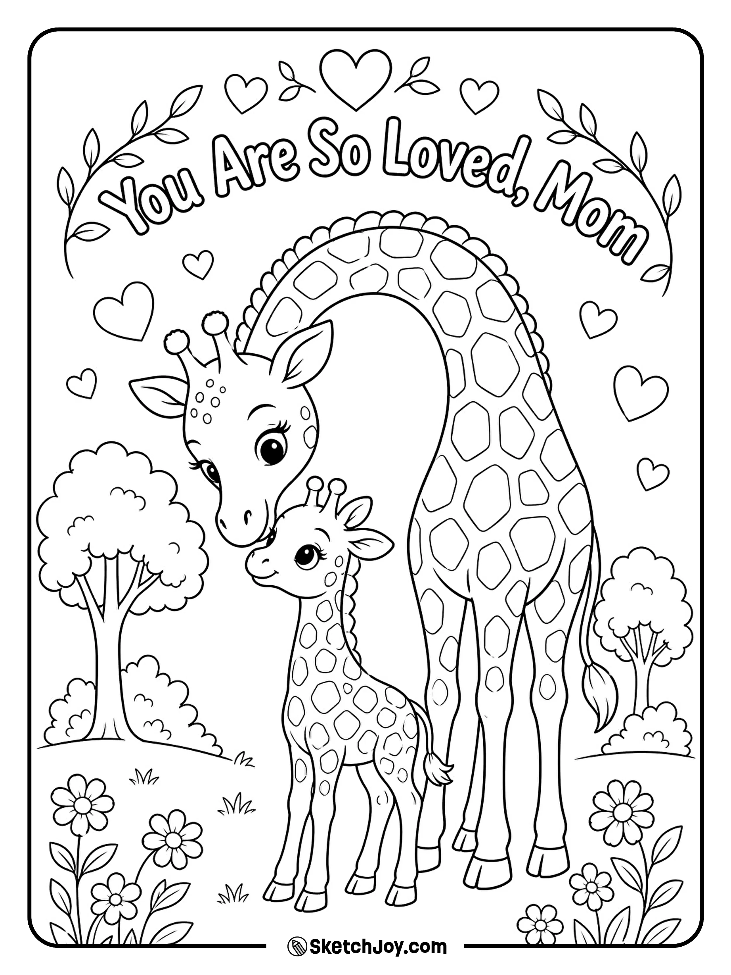 A giraffe mom and her baby share a sweet moment.