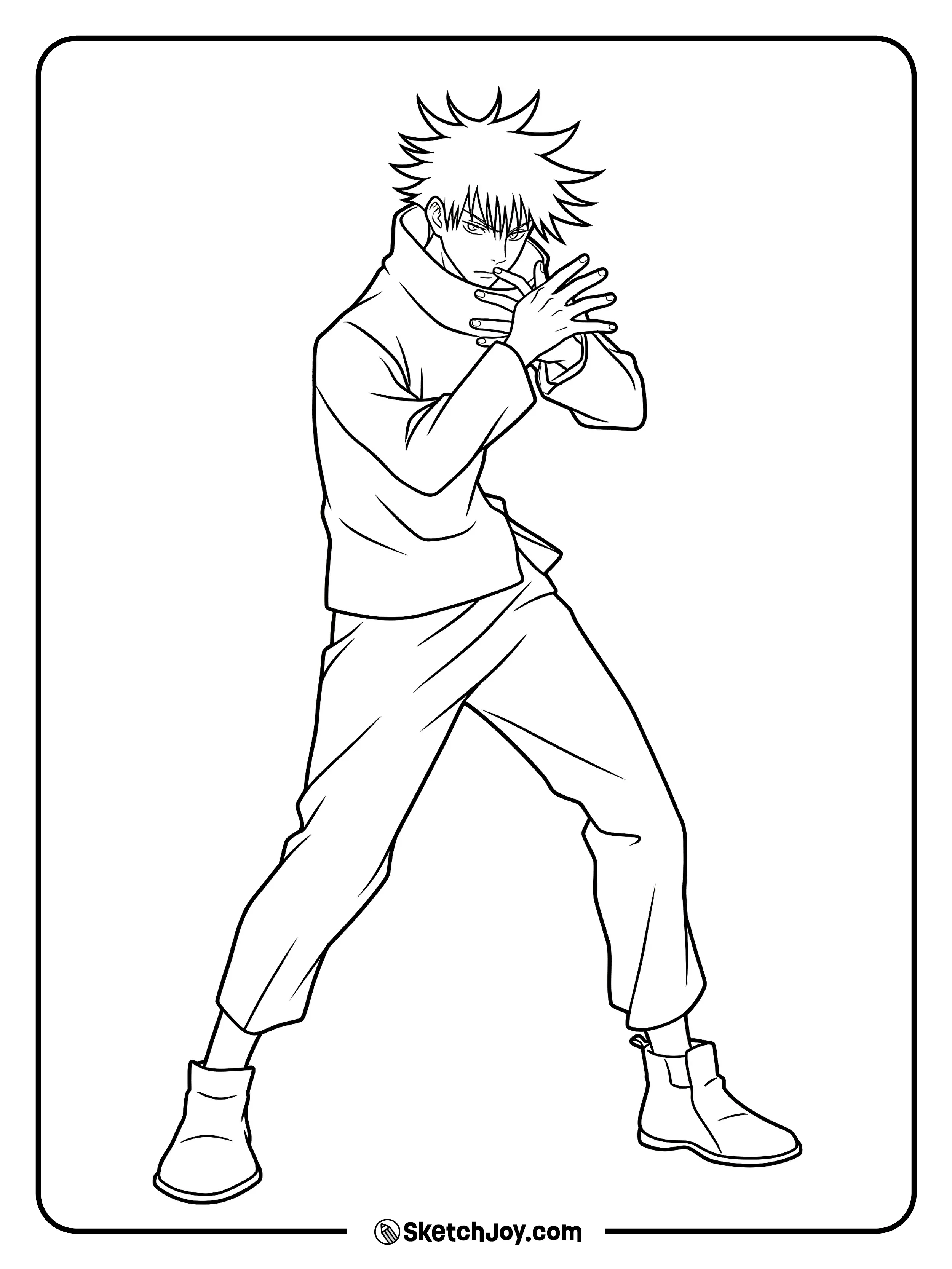 Megumi gets ready to fight with a sharp look and guarded hands.