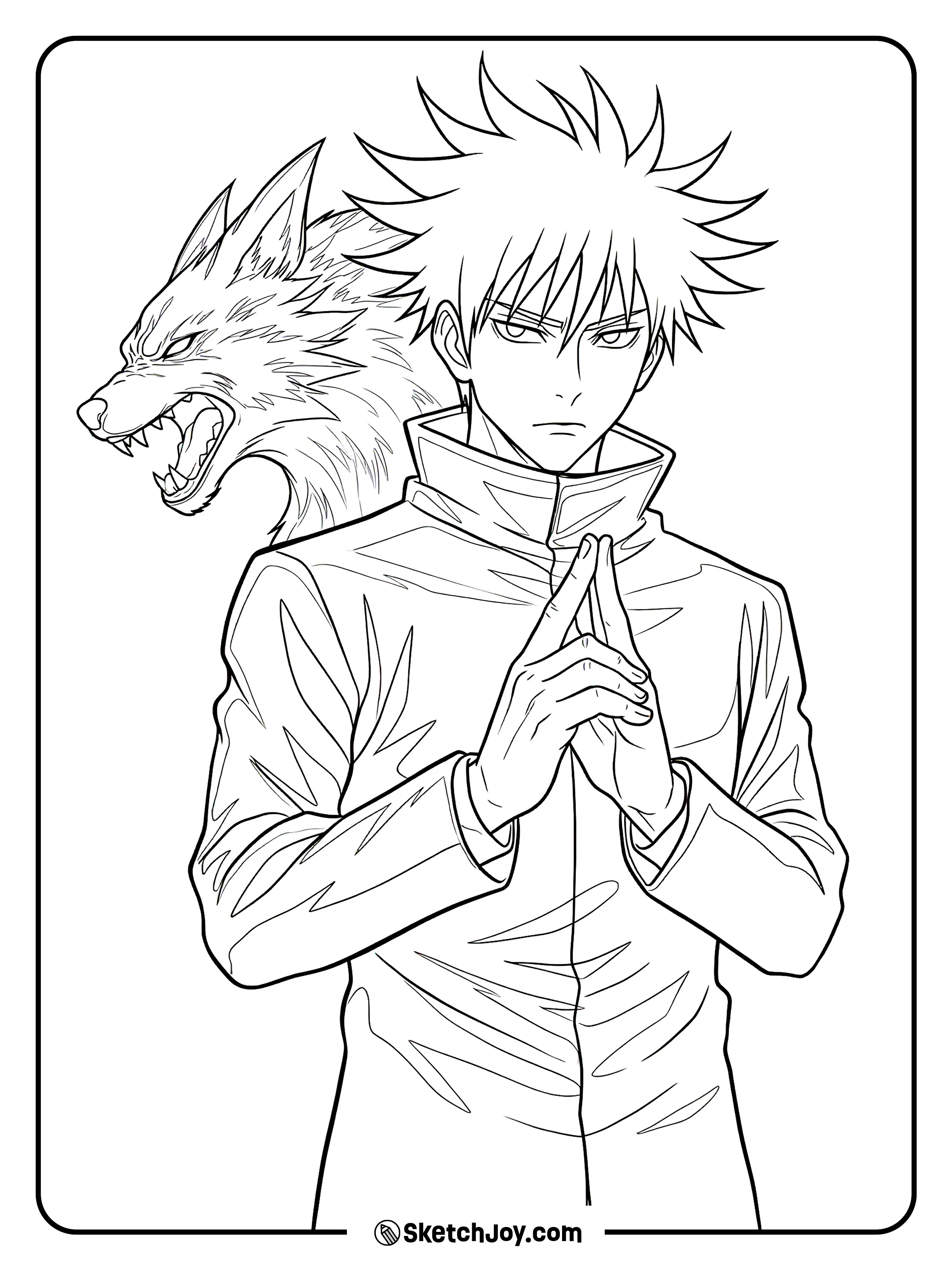 Megumi stands still with a hand sign and one Divine Dog behind him.