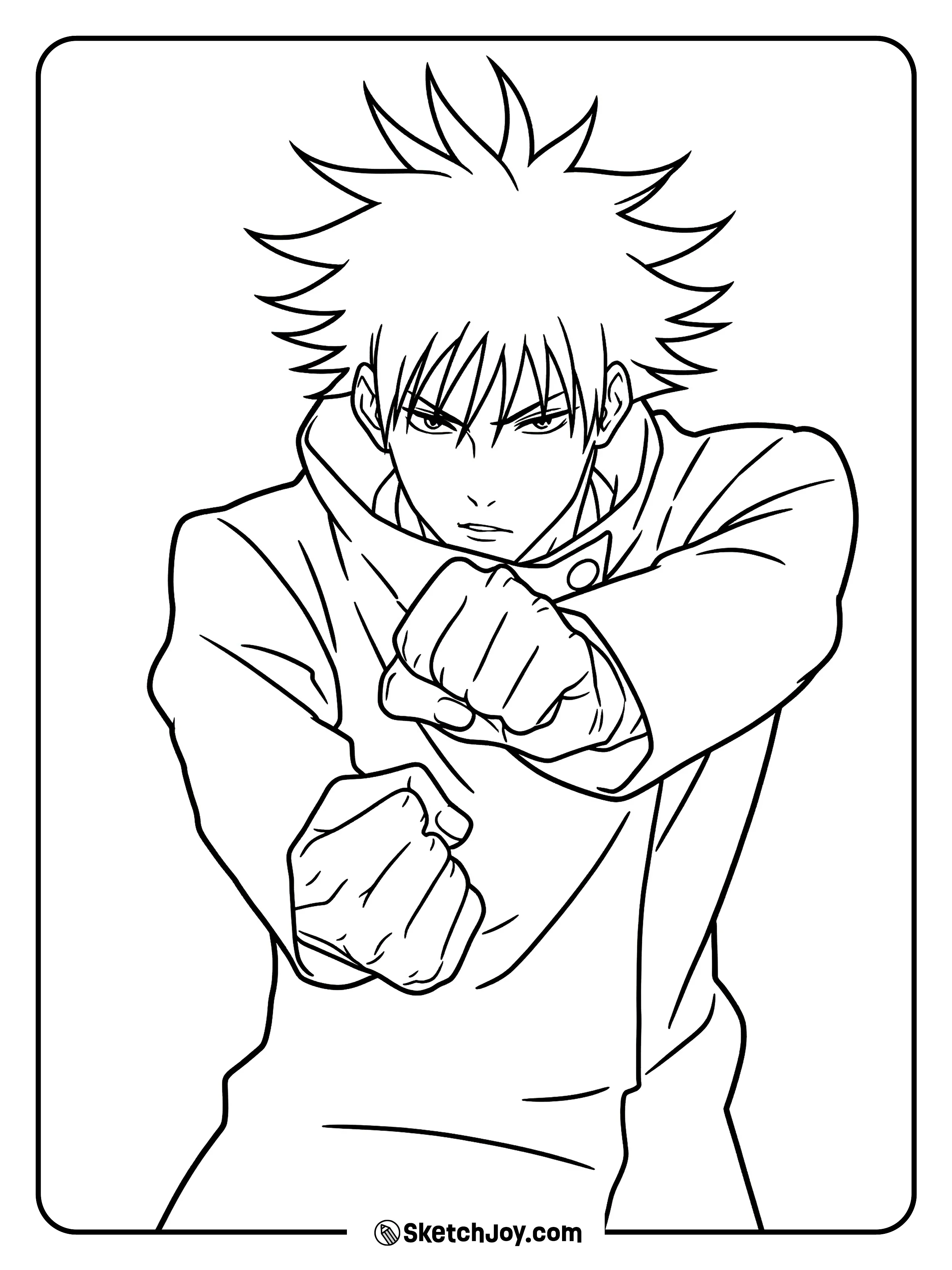 Megumi steps forward with two strong fists and a calm stare.