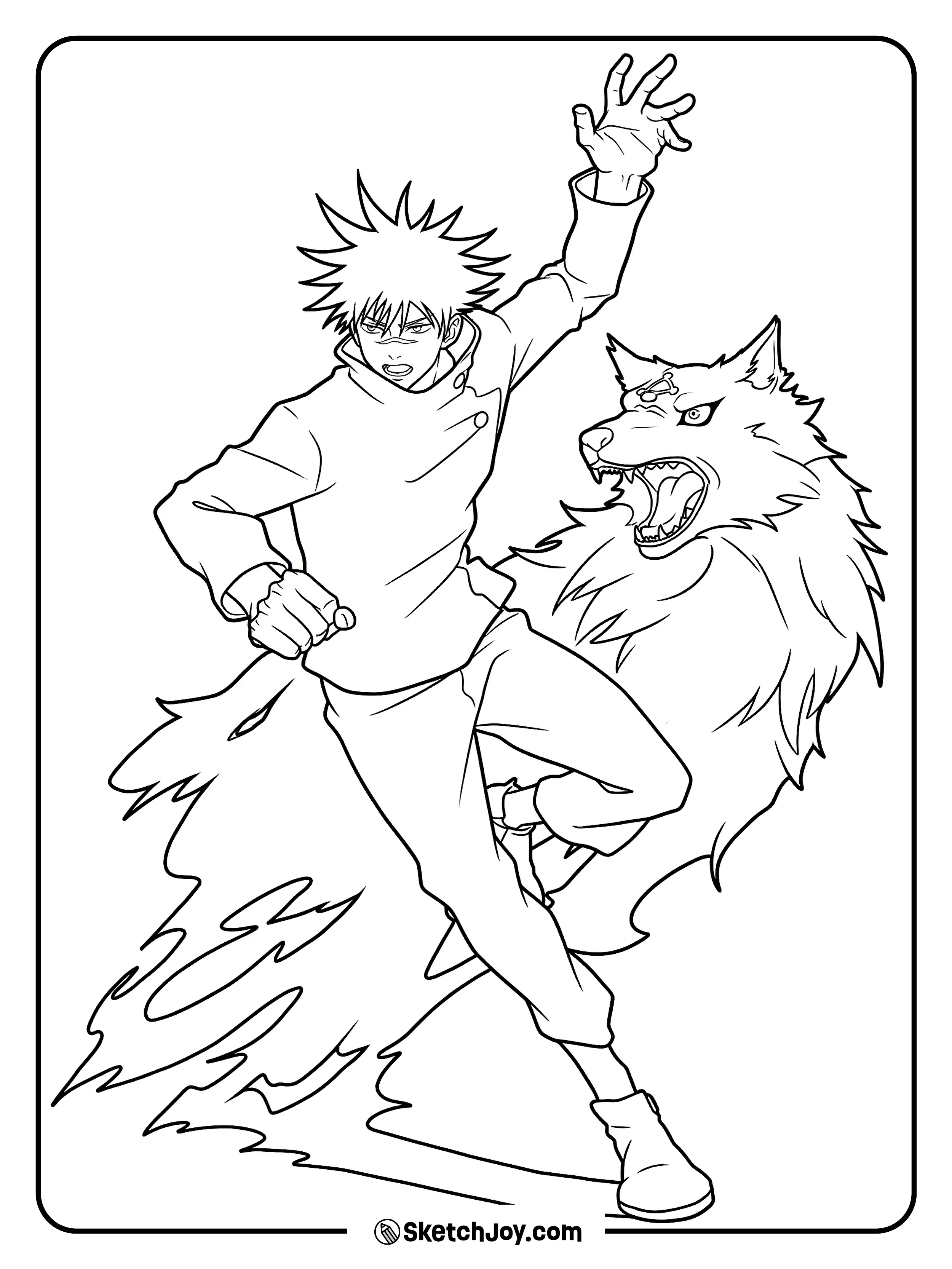 Megumi attacks beside his Divine Dog in a fierce action scene.