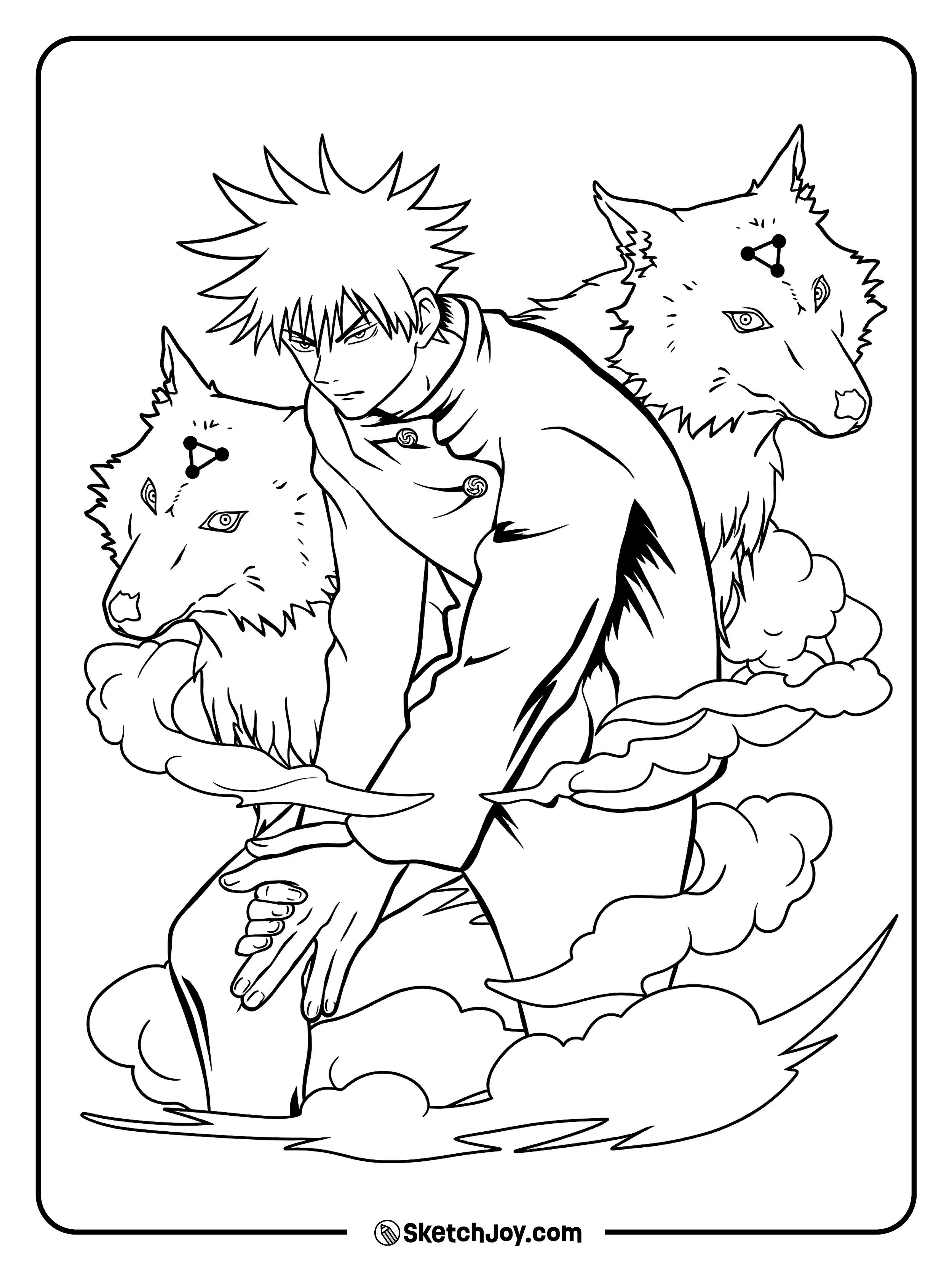 Megumi crouches low as two wolf shikigami rise behind him.