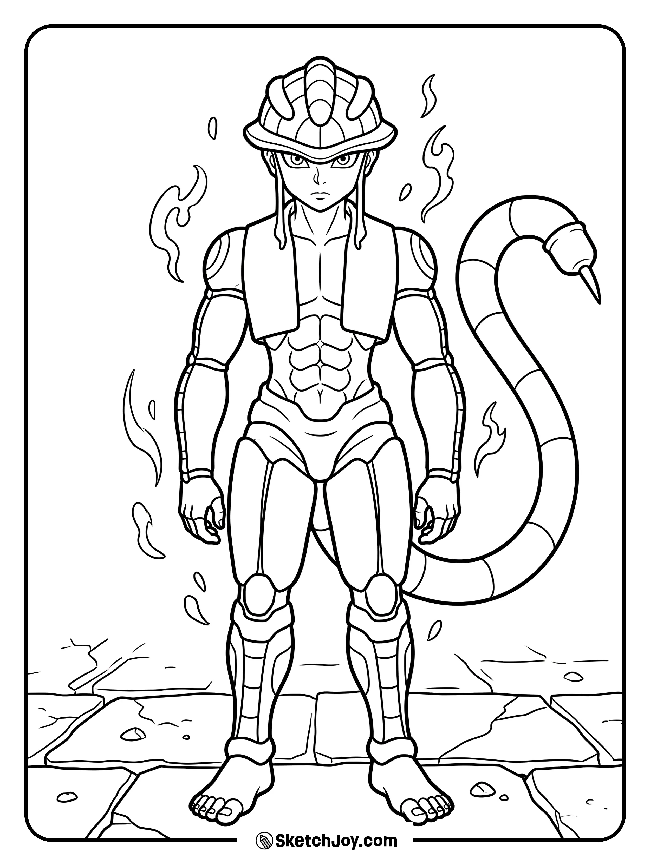 Meruem stands with a strong and royal look that feels calm and fierce.