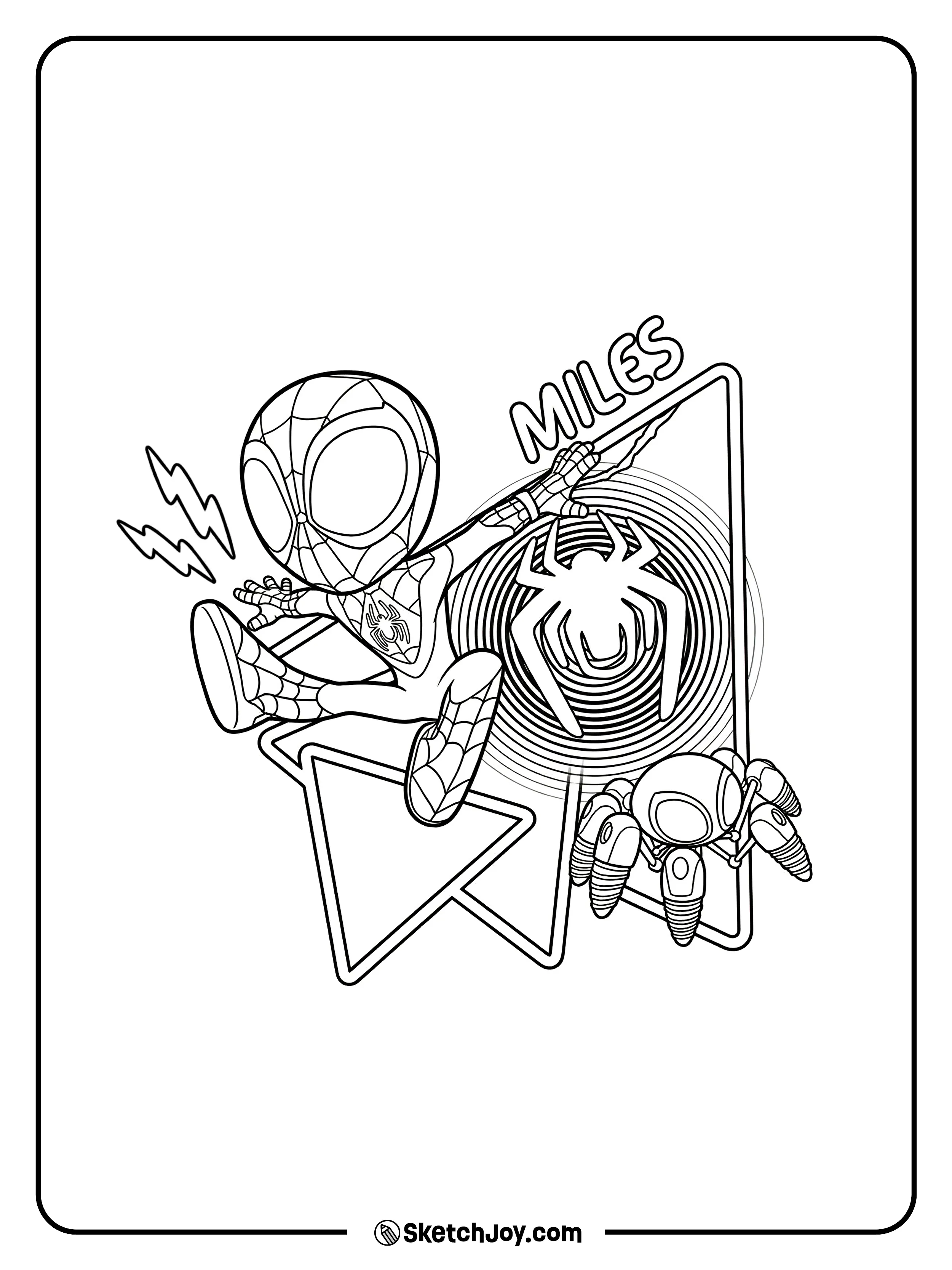 Miles jumps beside TRACE-E with a big spider sign behind him.