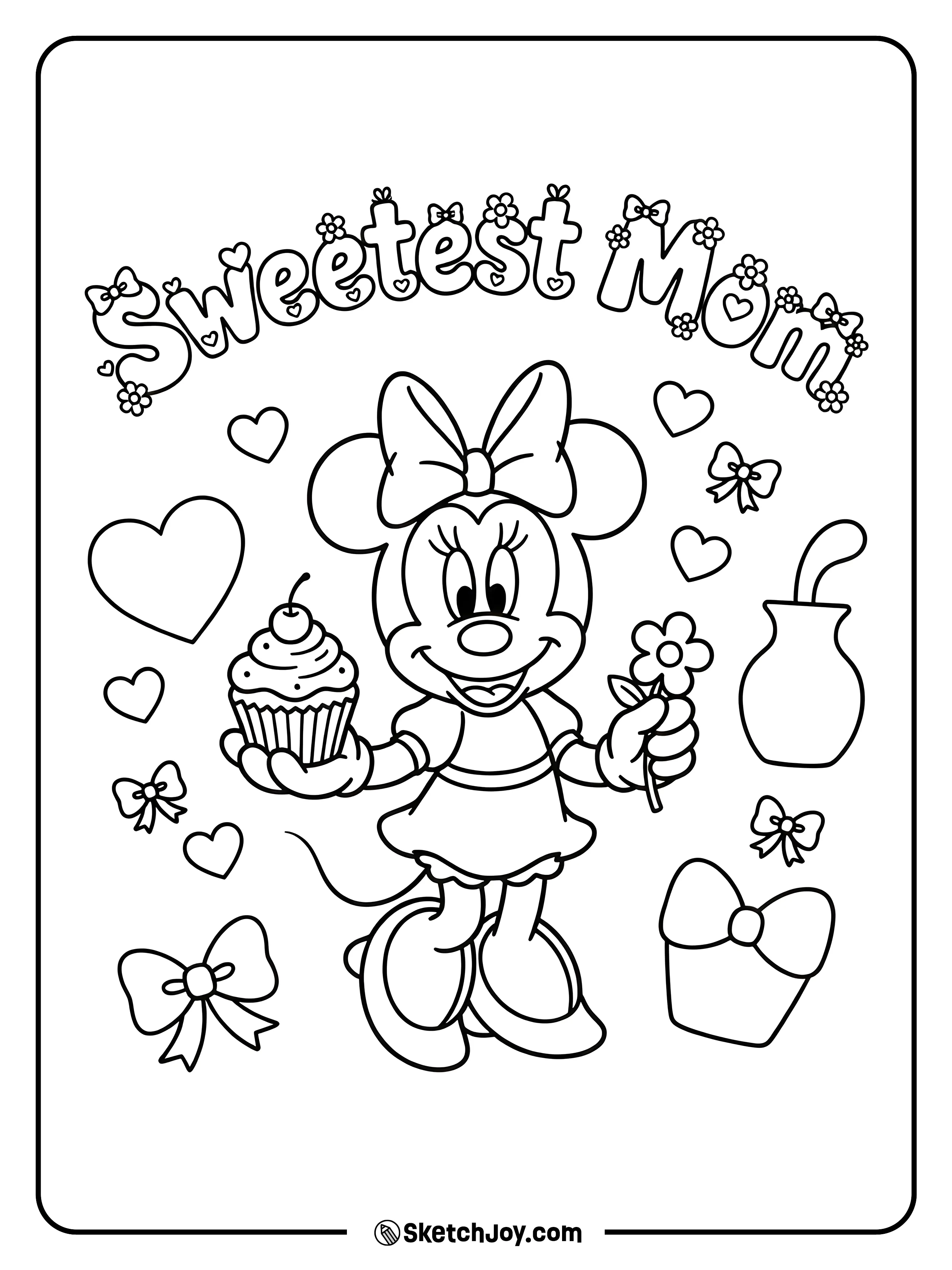 Minnie Mouse brings a cupcake and flower for Mom.