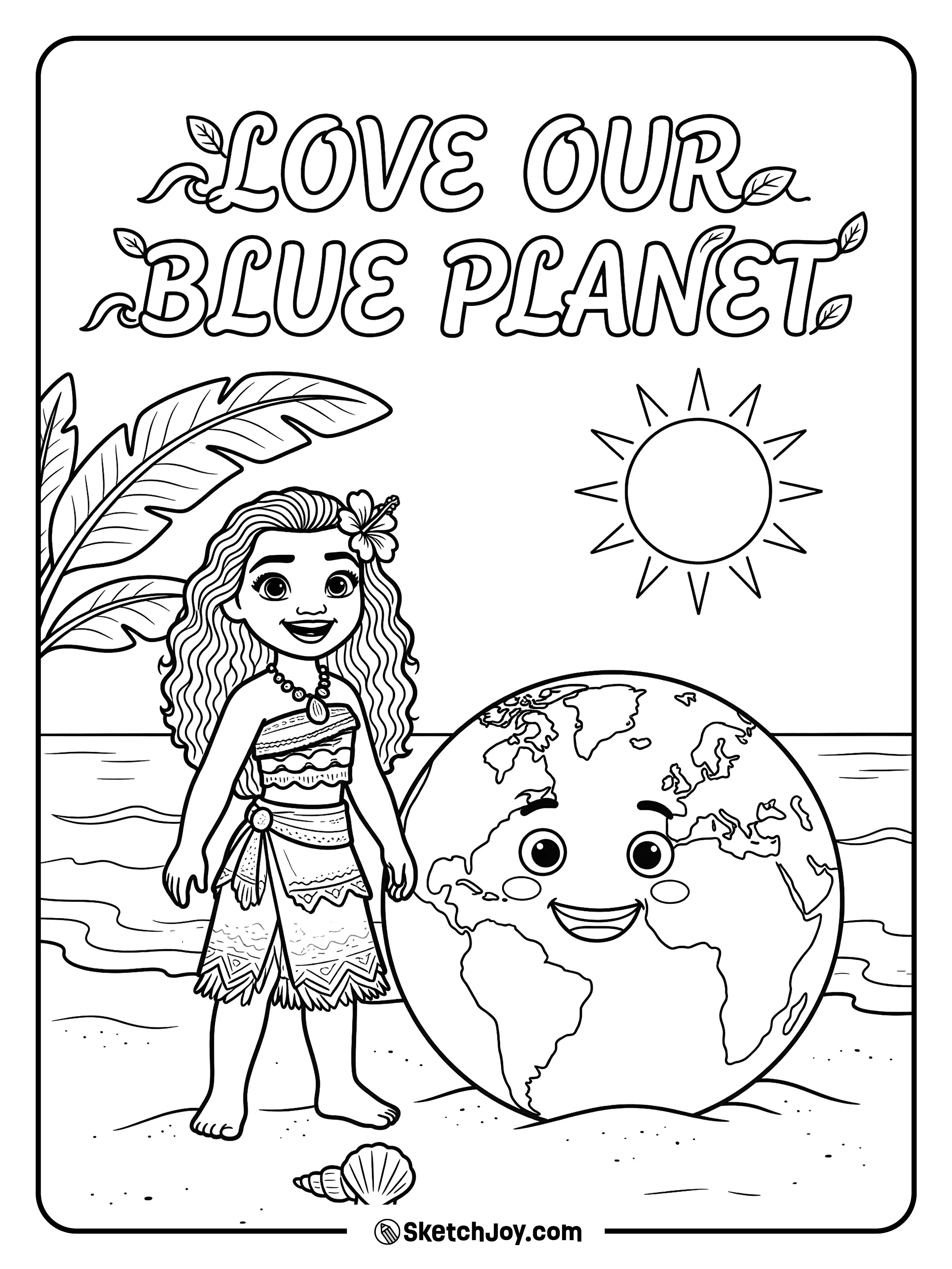 Moana stands by the sea with the Earth and a kind smile.