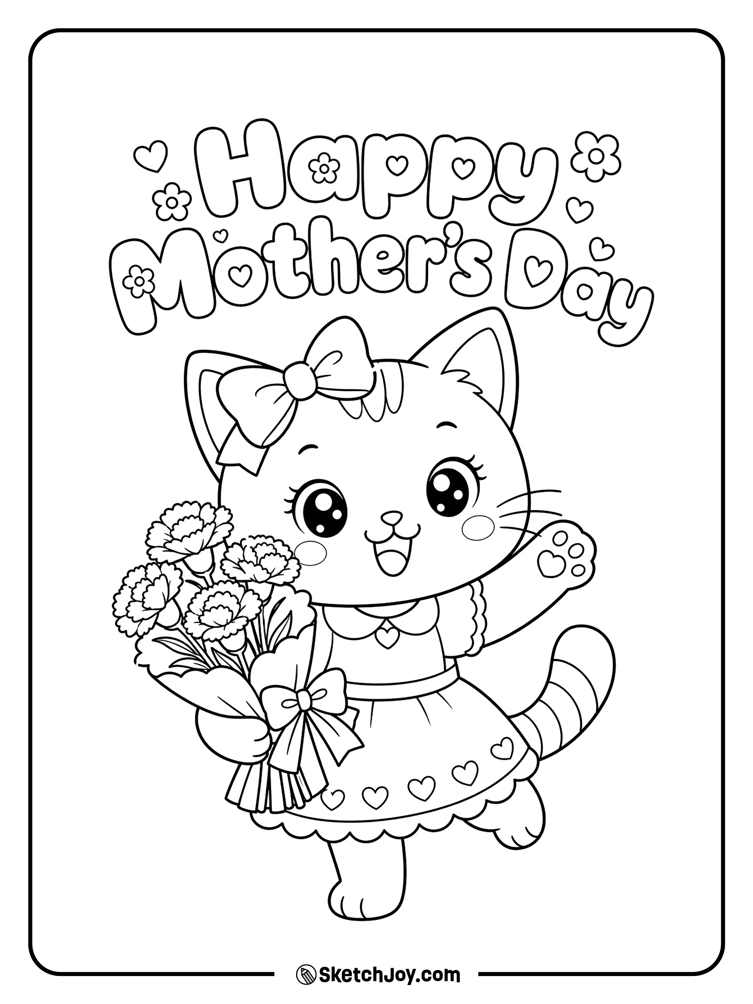 A sweet mom cat holds flowers and looks full of joy.