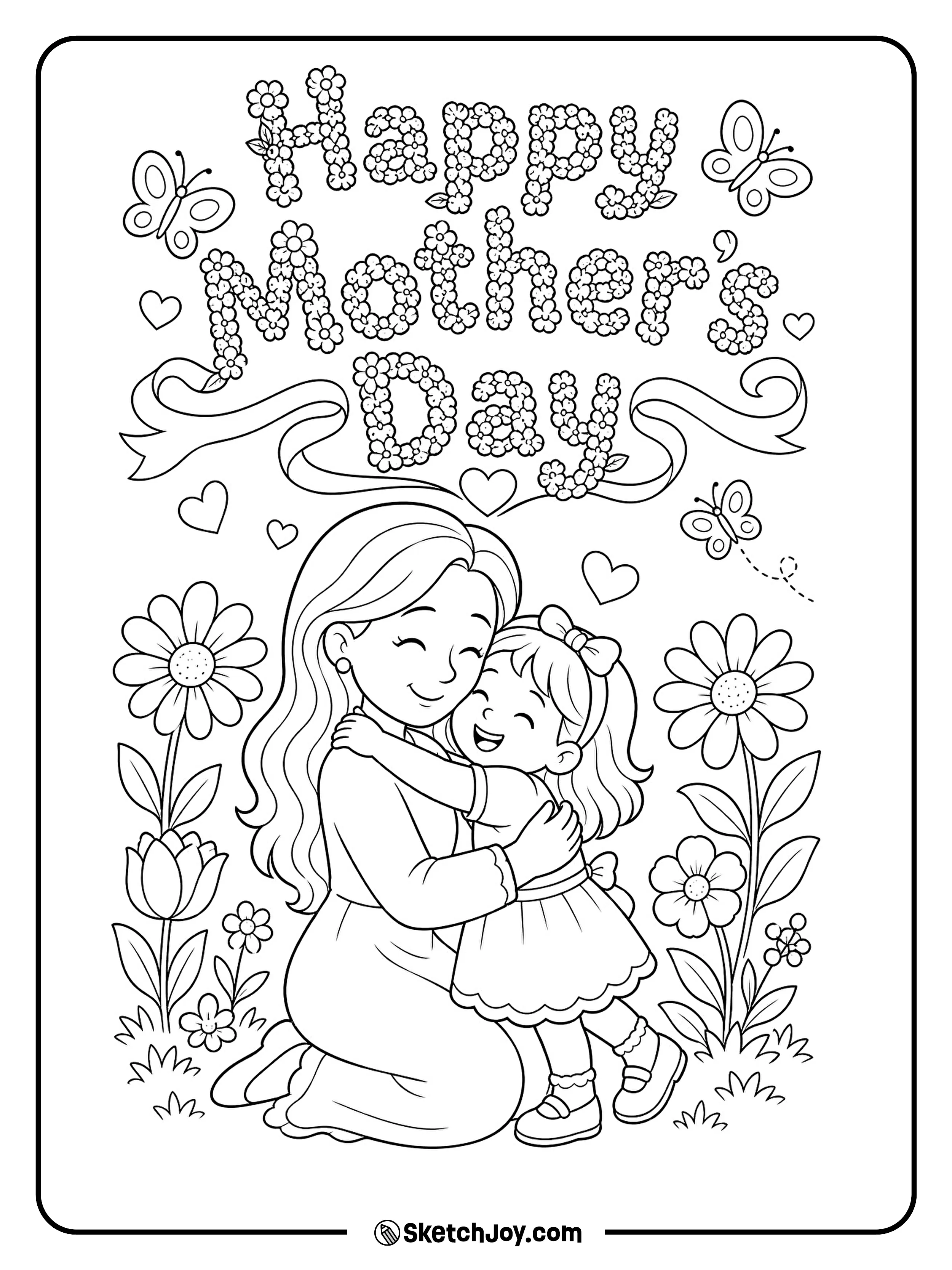 A happy child hugs mom in a flower garden full of love.