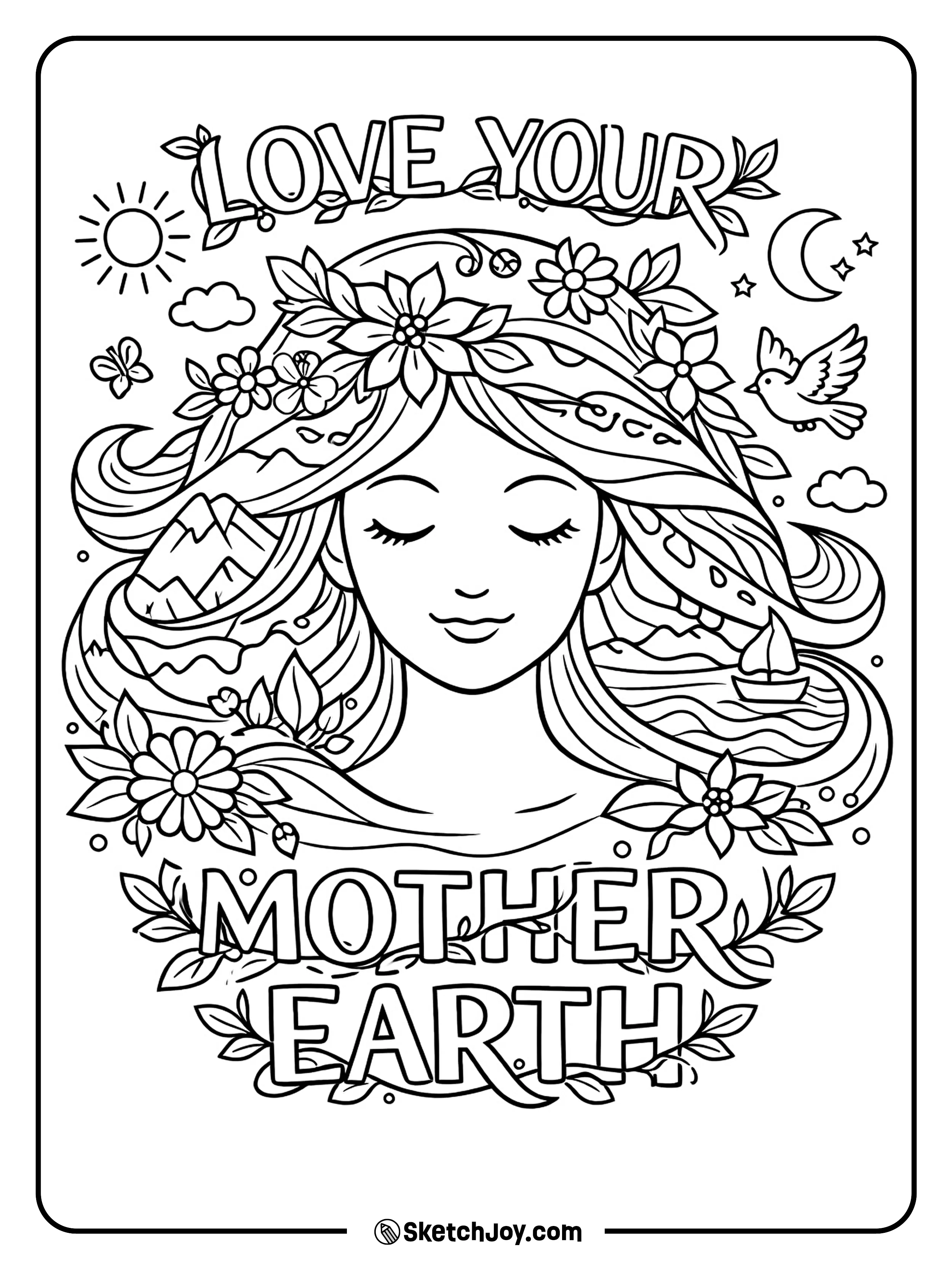 A calm face made with Earth shapes and flowers looks gentle and wise.