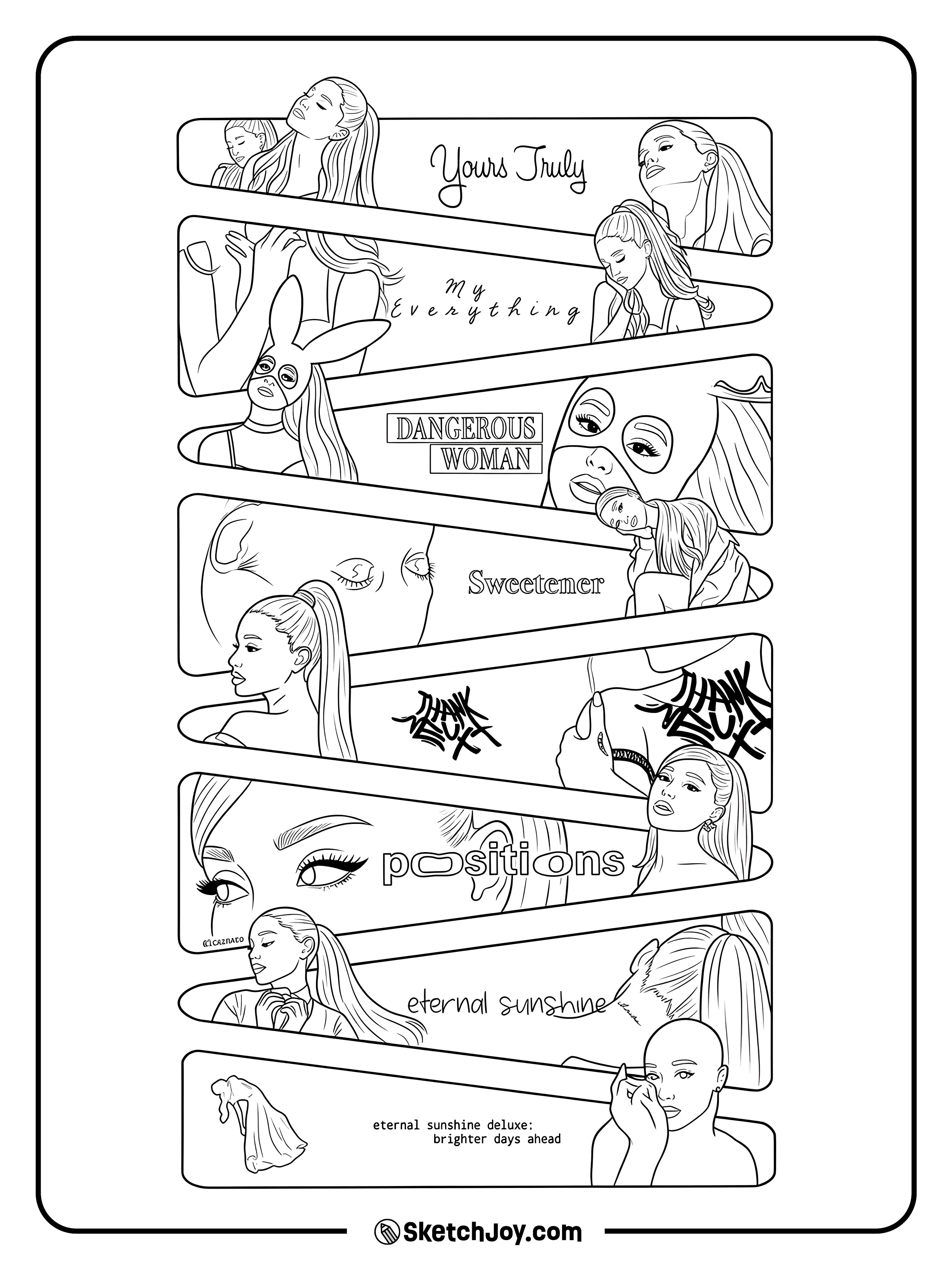 A detailed collage with many portrait looks and album-inspired words.