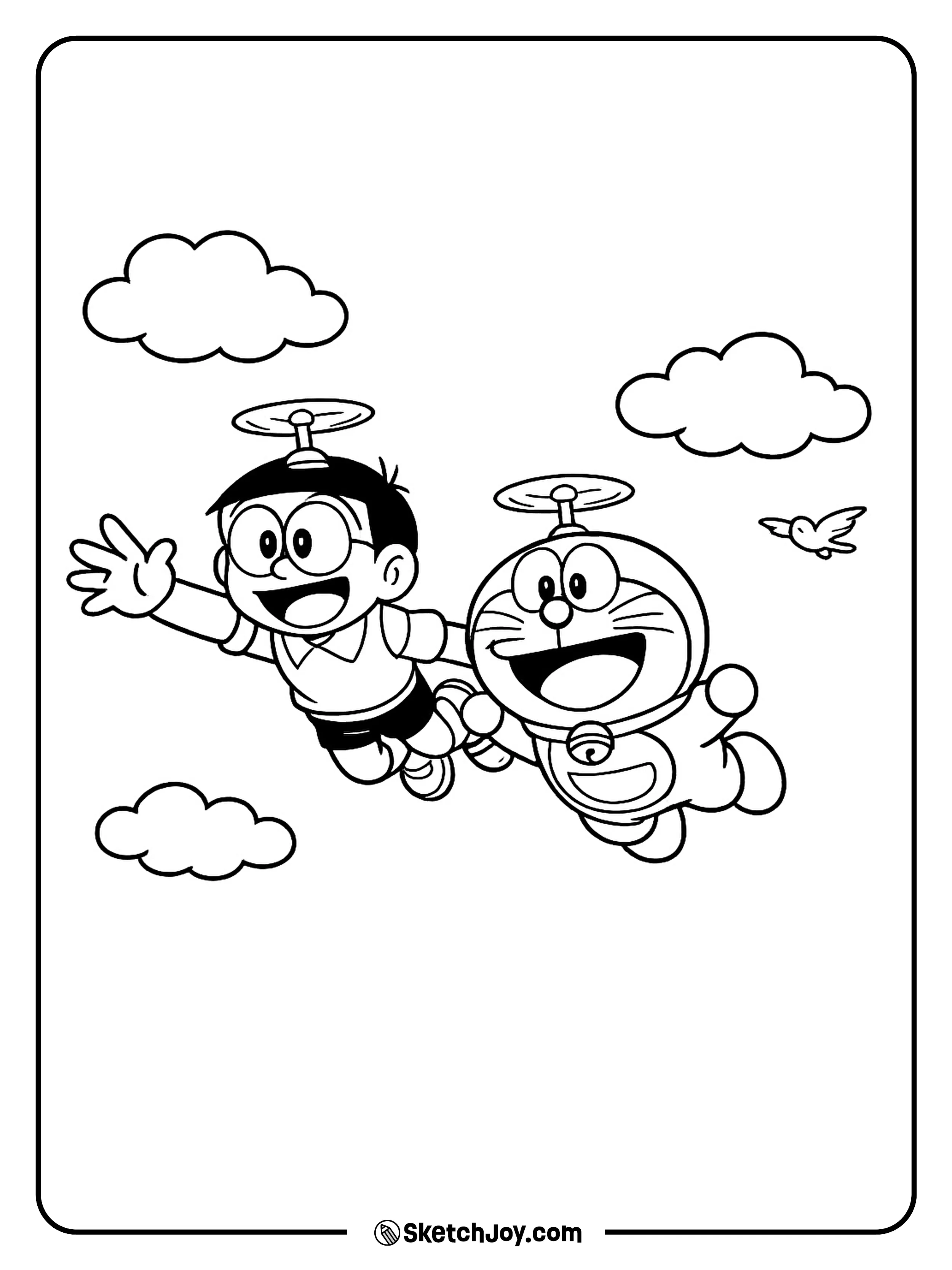 Nobita laughs as Doraemon helps him soar through the sky.