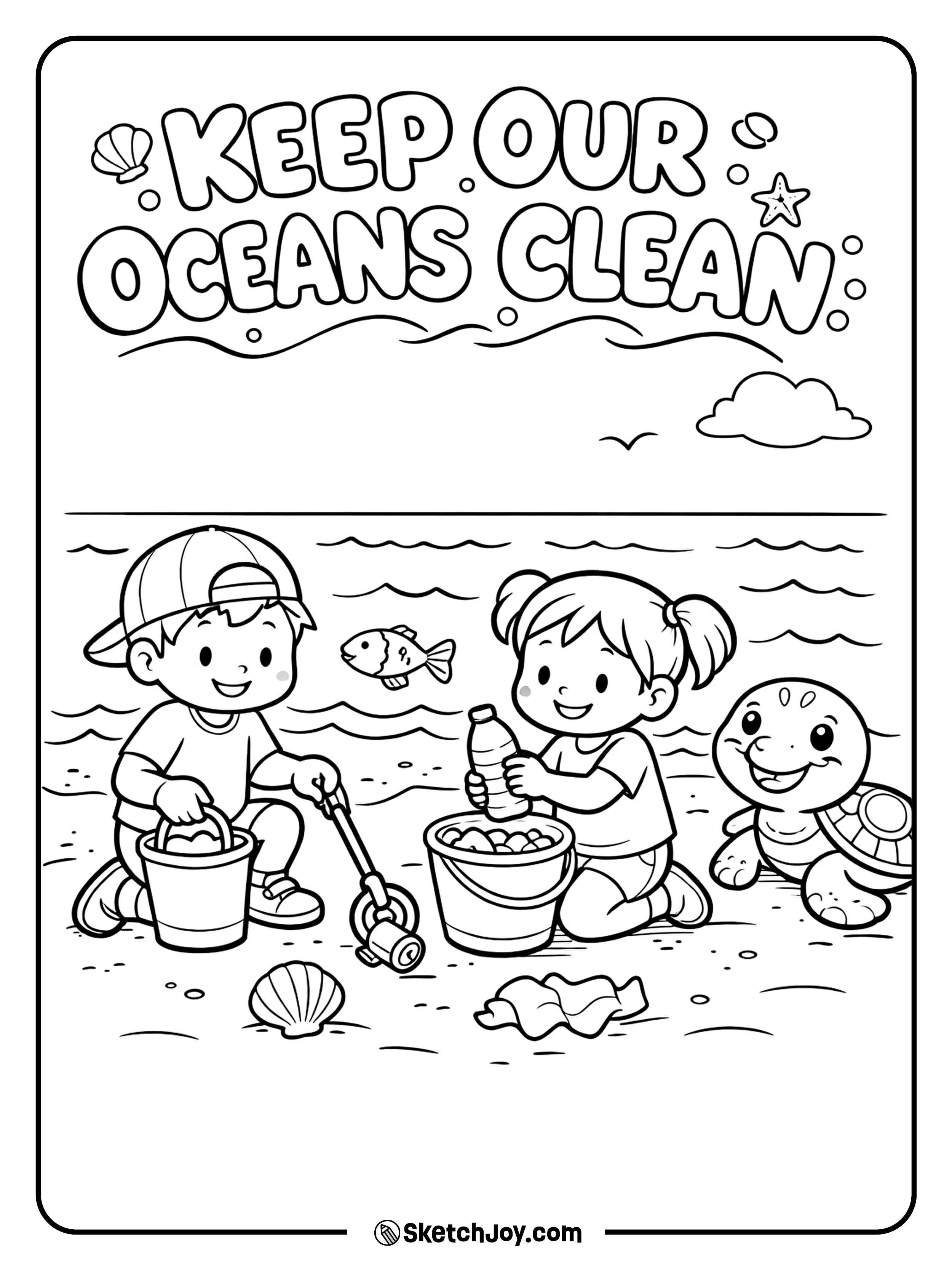 Kids clean the beach while waves and sea life sit nearby.