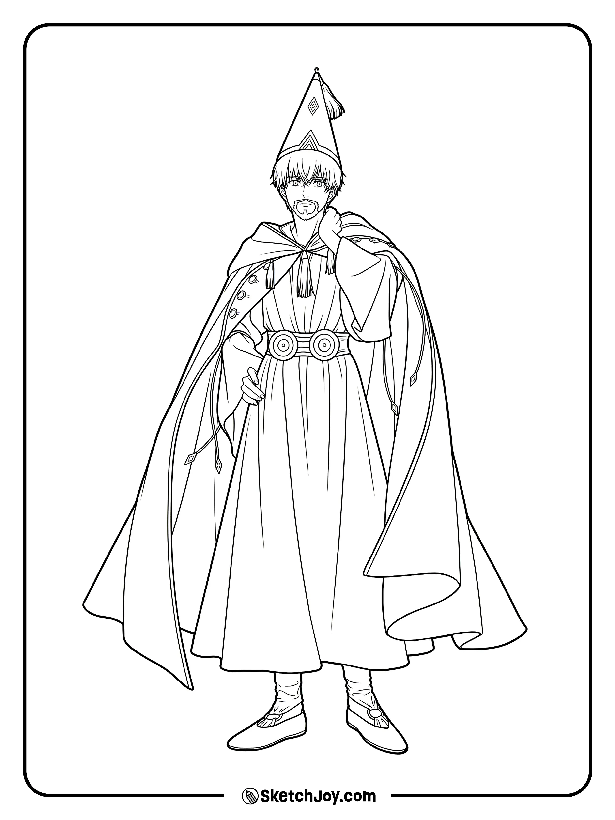 Olruggio stands in a calm pose with his long robe and tall pointed hat.