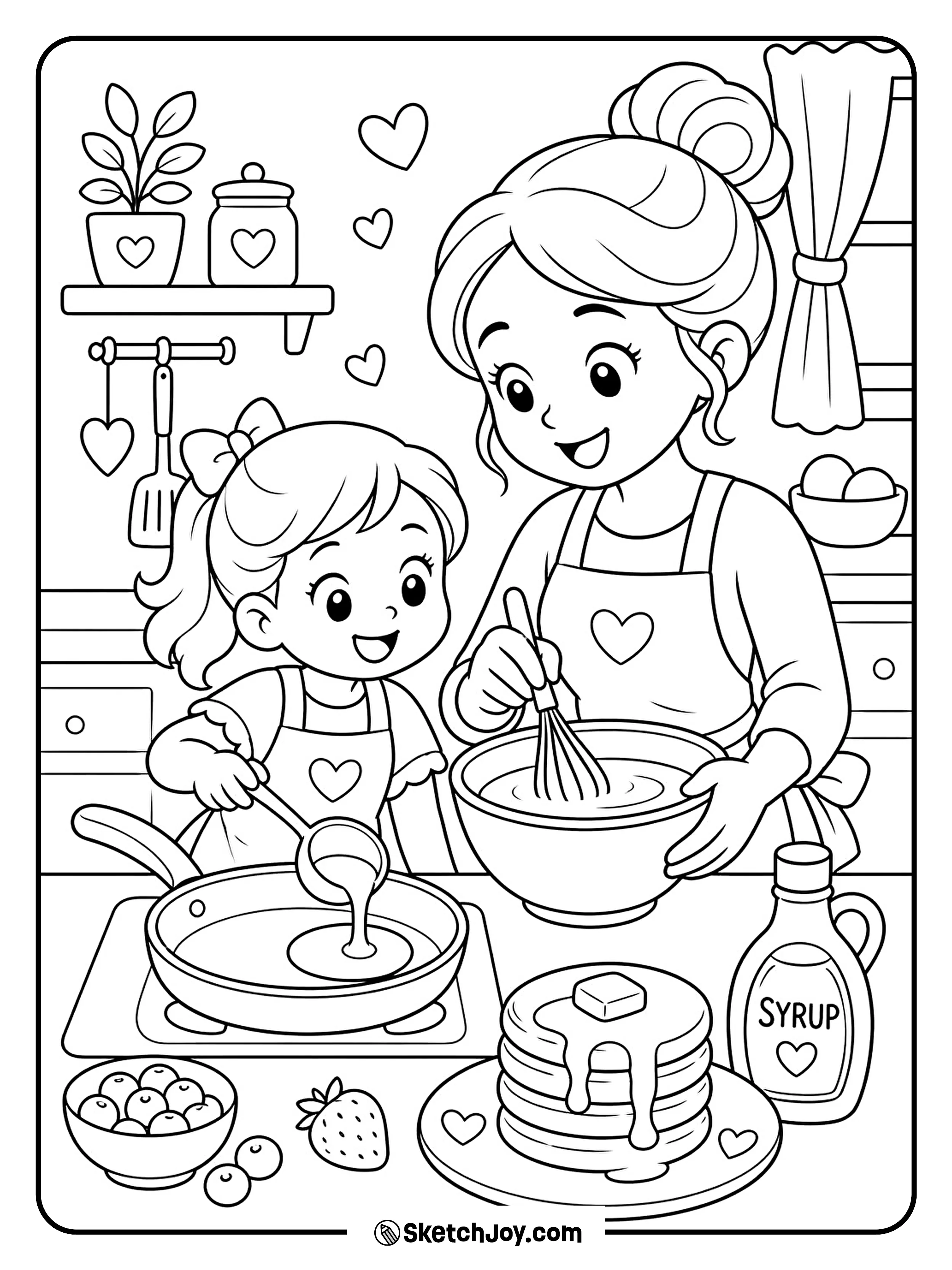 Mom and child make pancakes together in a bright kitchen.