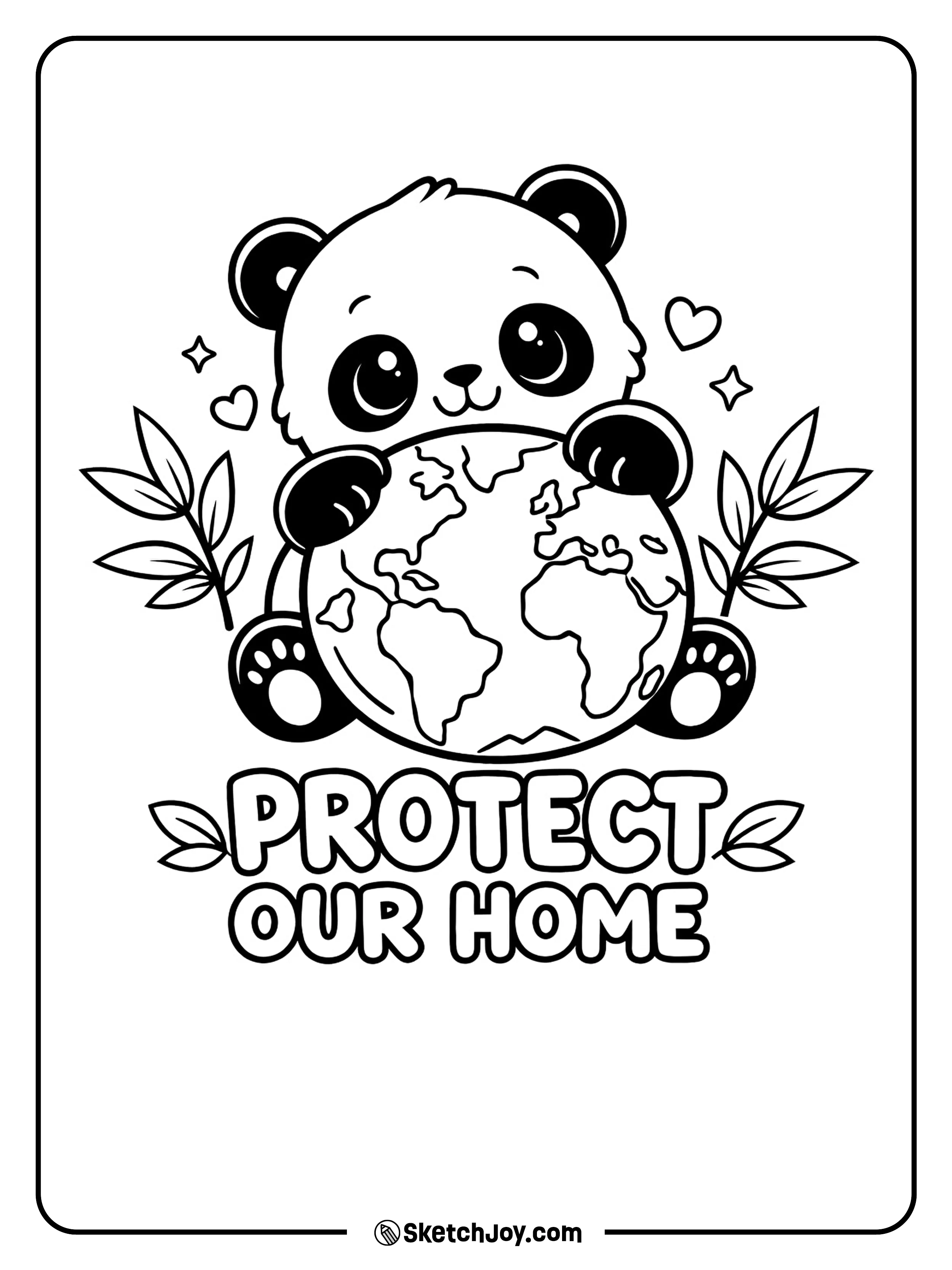 A sweet panda hugs the Earth in a calm happy pose.