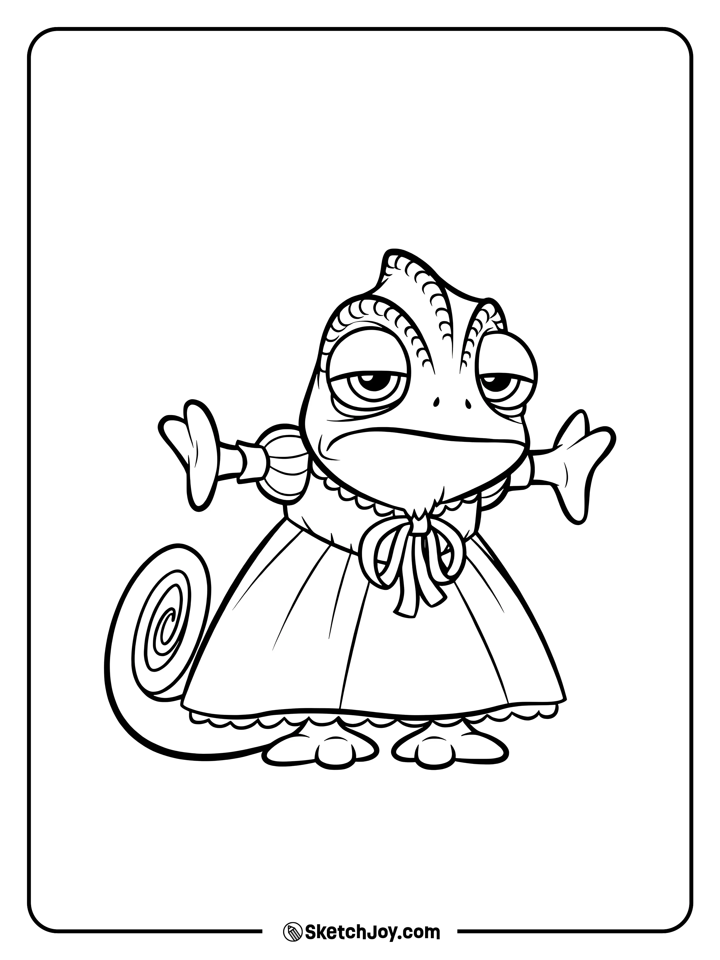 Pascal stands in a dress with a funny face and tiny arms stretched wide.